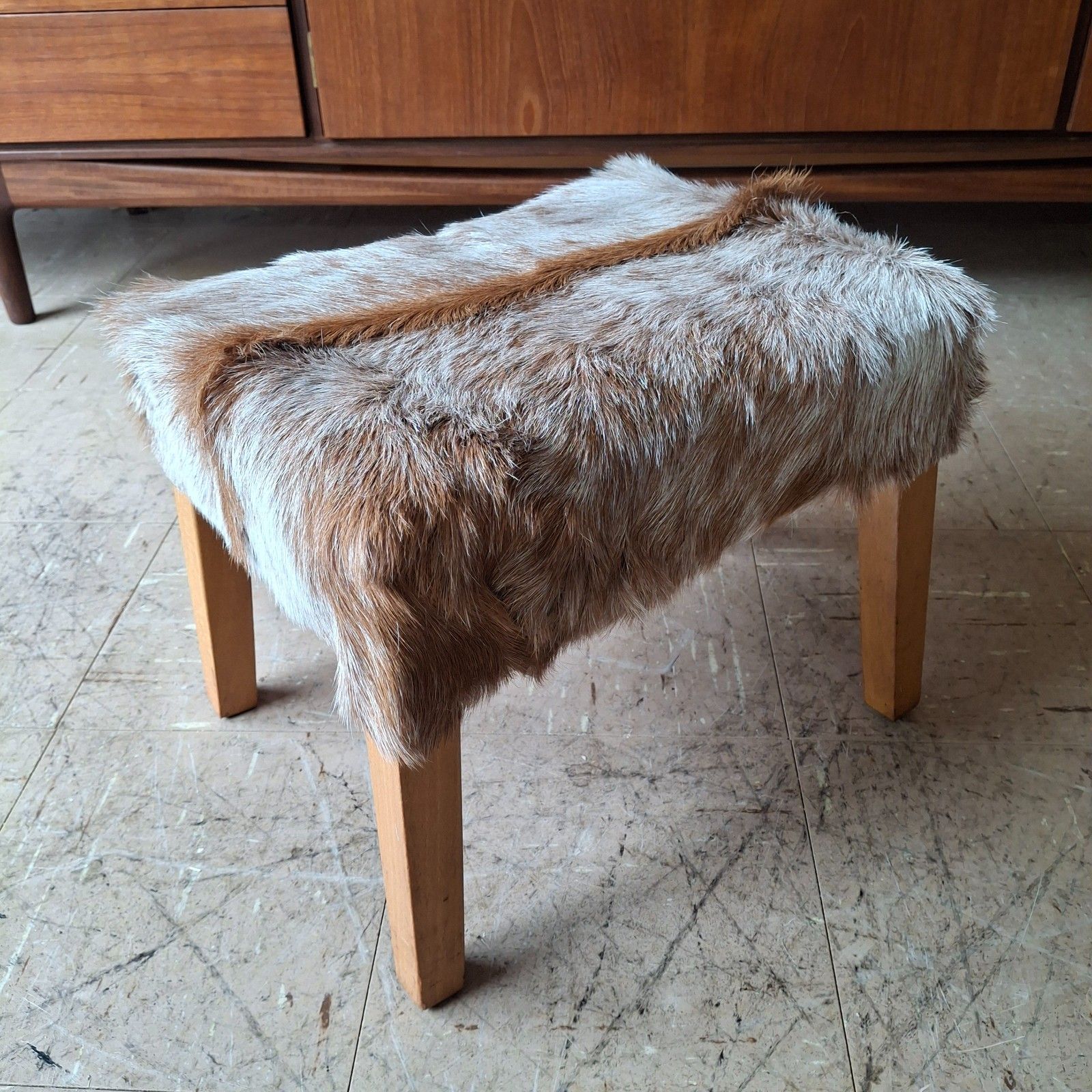 photo furniture Fab Vintage Mid Century Retro Beech Footstool Pouffe Tan White Spotty Goatskin