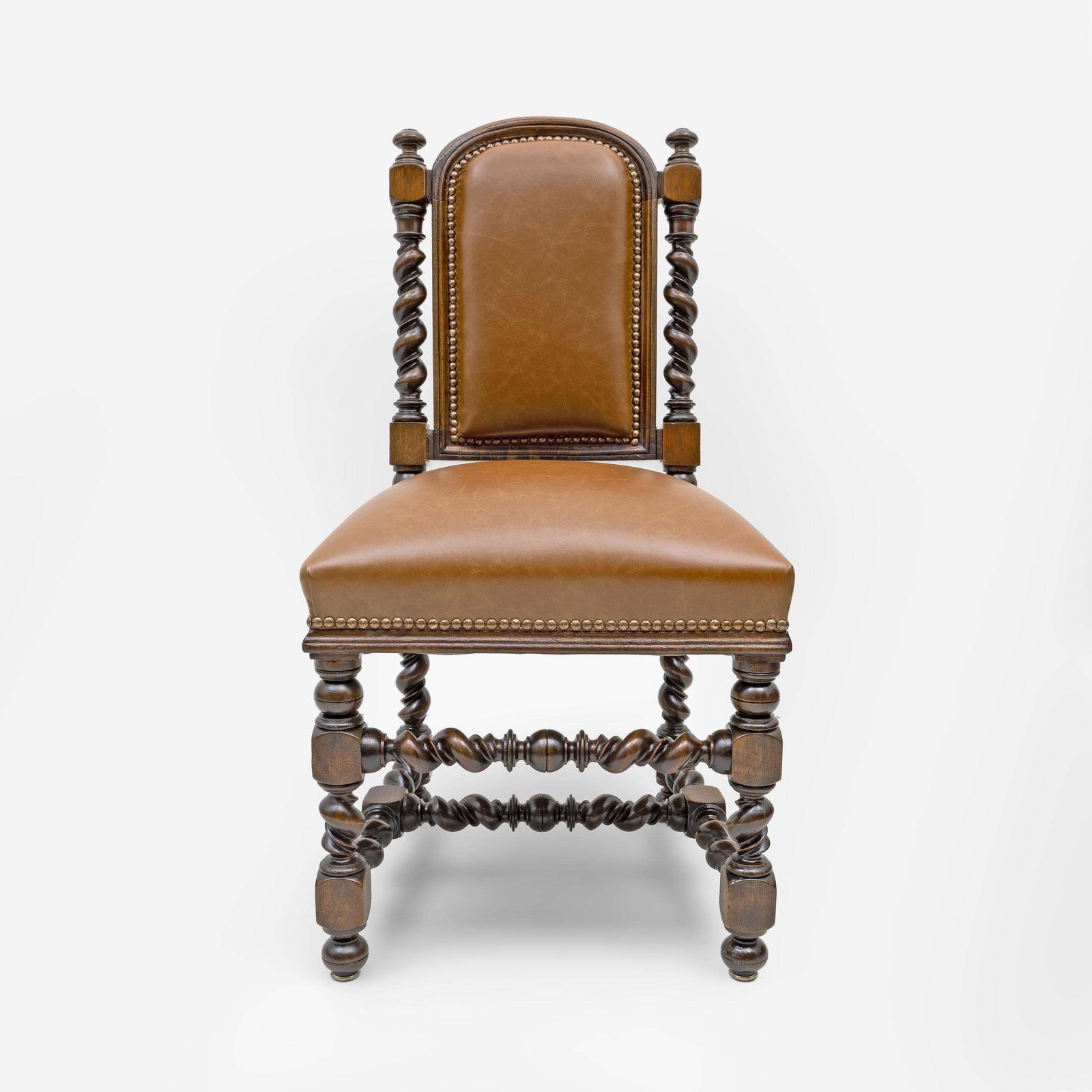 photo for sale Six Of Antique Italian Neo Renaissance Walnut Dining Chairs In Genuine Leather.