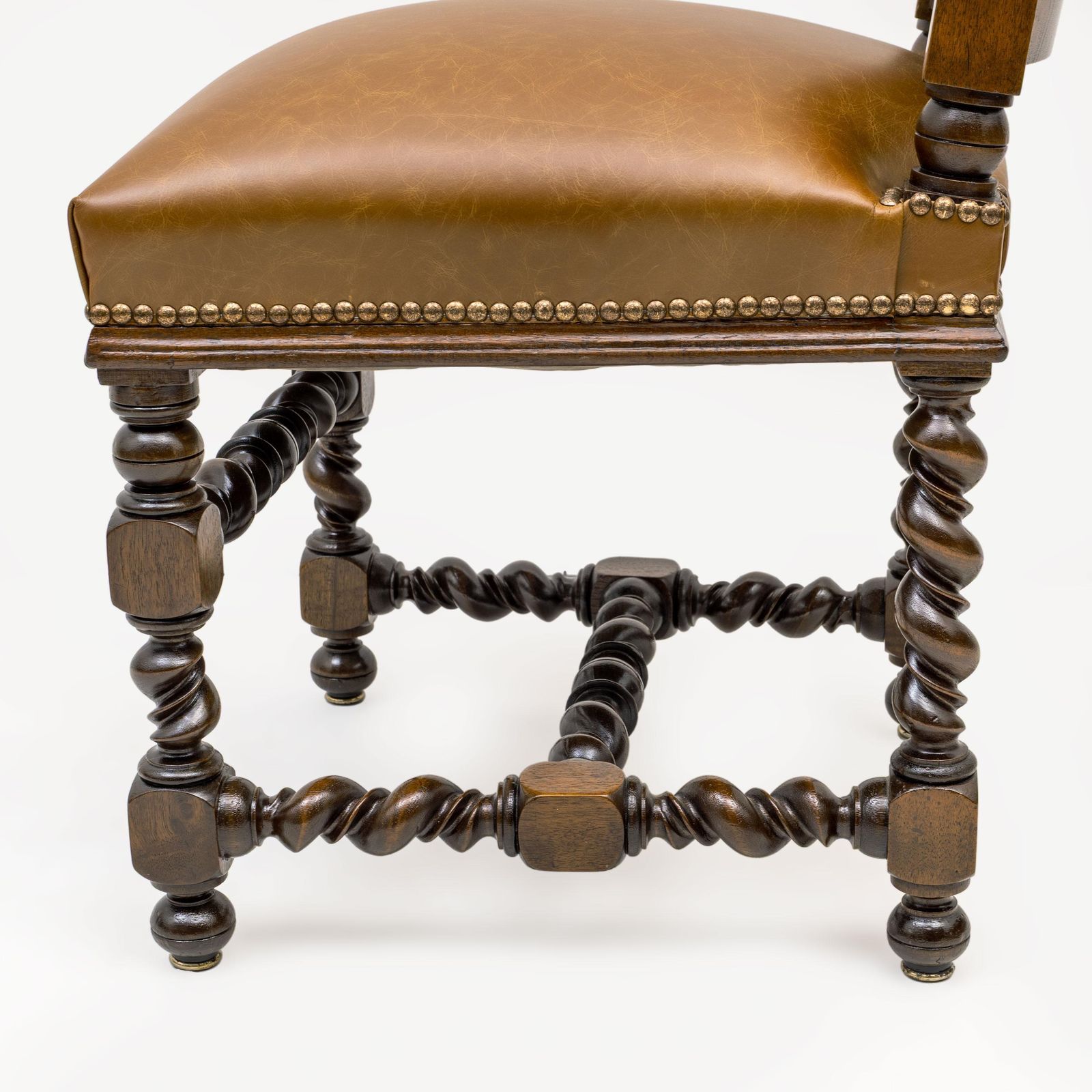 photo vinterior Six Of Antique Italian Neo Renaissance Walnut Dining Chairs In Genuine Leather.