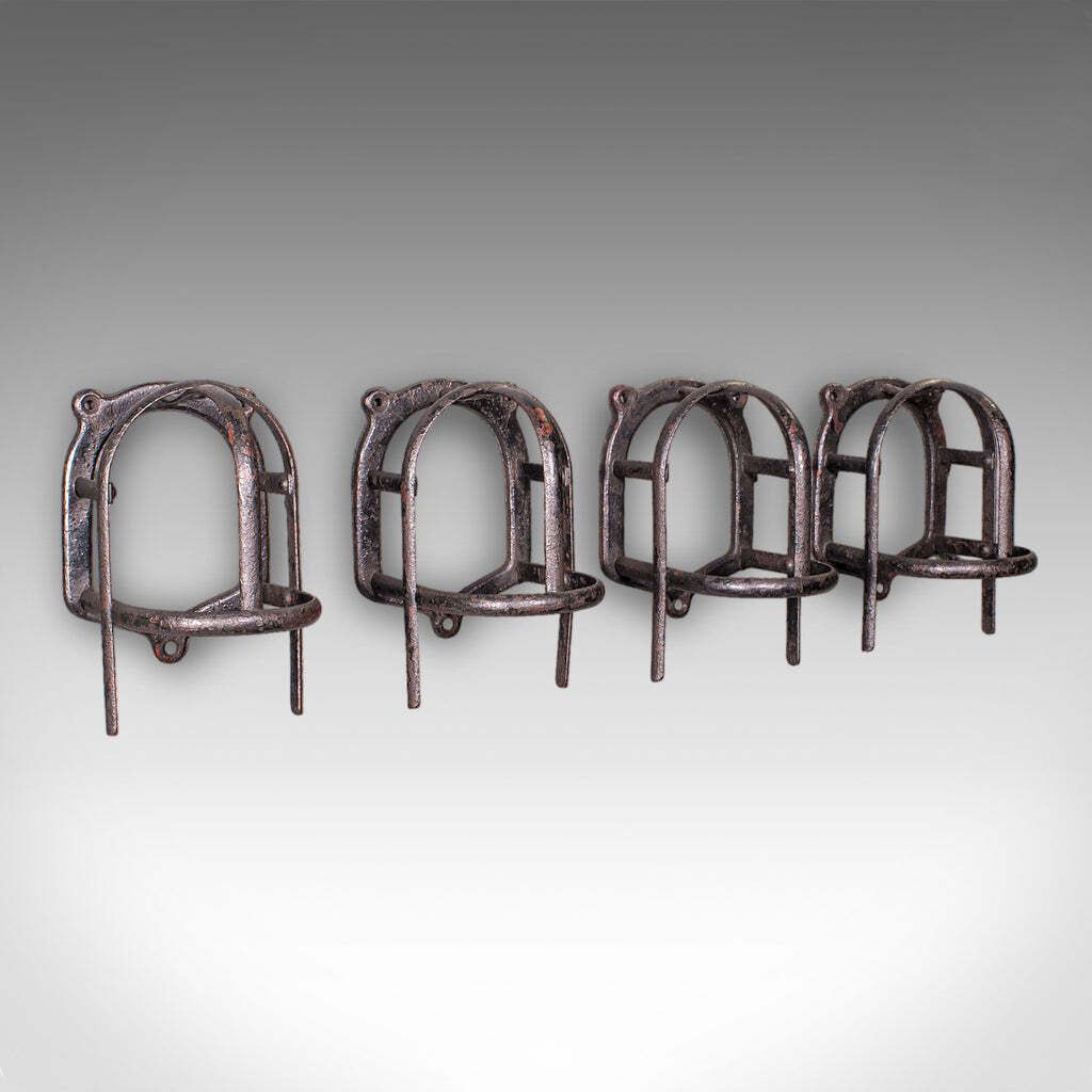 Set Of 4 Antique Crop Hanging Racks, English, Iron, Hooks, Equestrian, Victorian