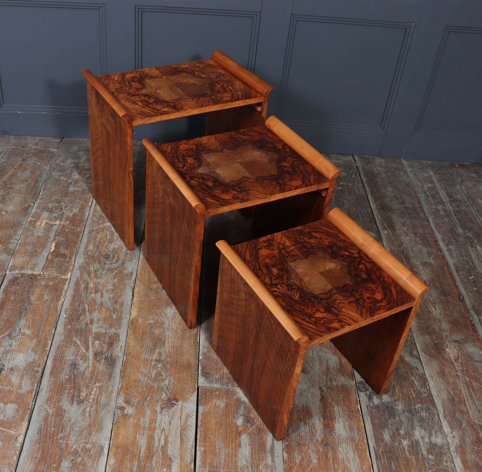 English Art Deco Walnut Nest Of Tables, Circa 1930 photo vintage