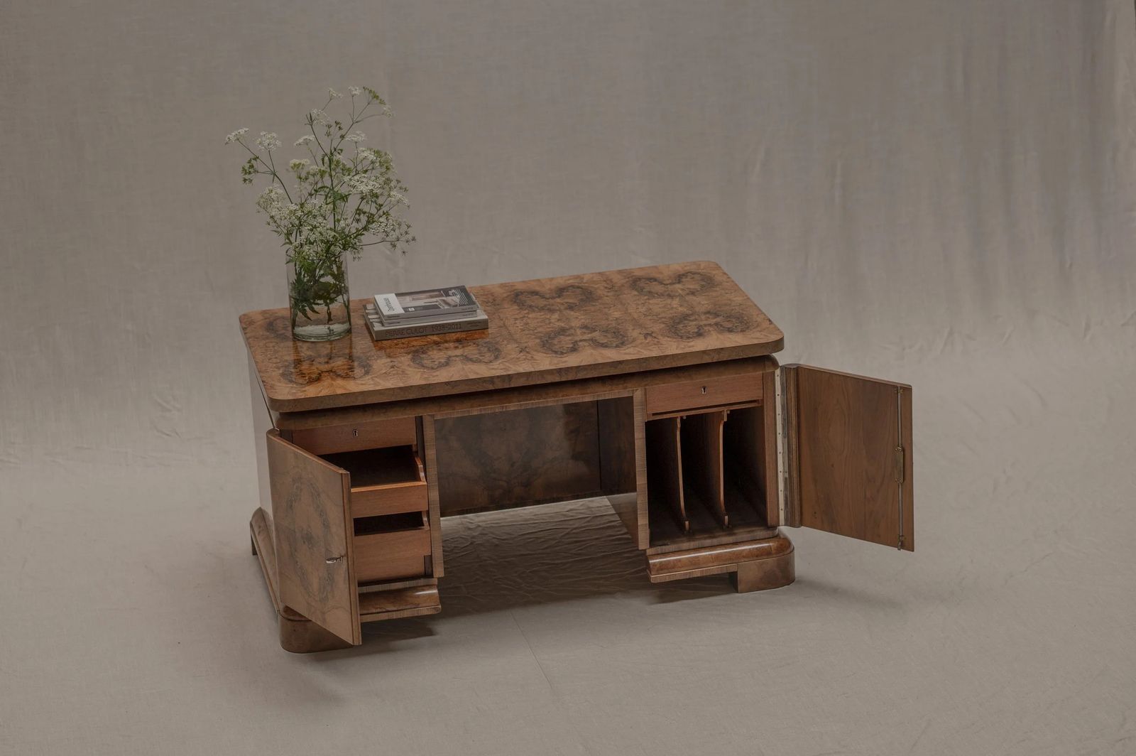 Burlwood Desk   Center Table, Circa 1940 photo Furniture