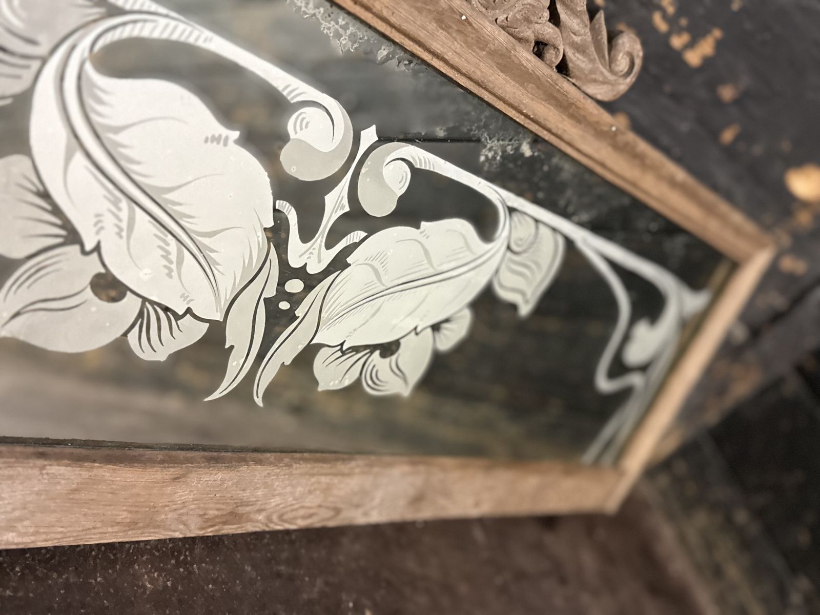 photo for sale Art Nouveau Overmantel Mirror With Etched Floral Decoration In Carves Frame, C.1900