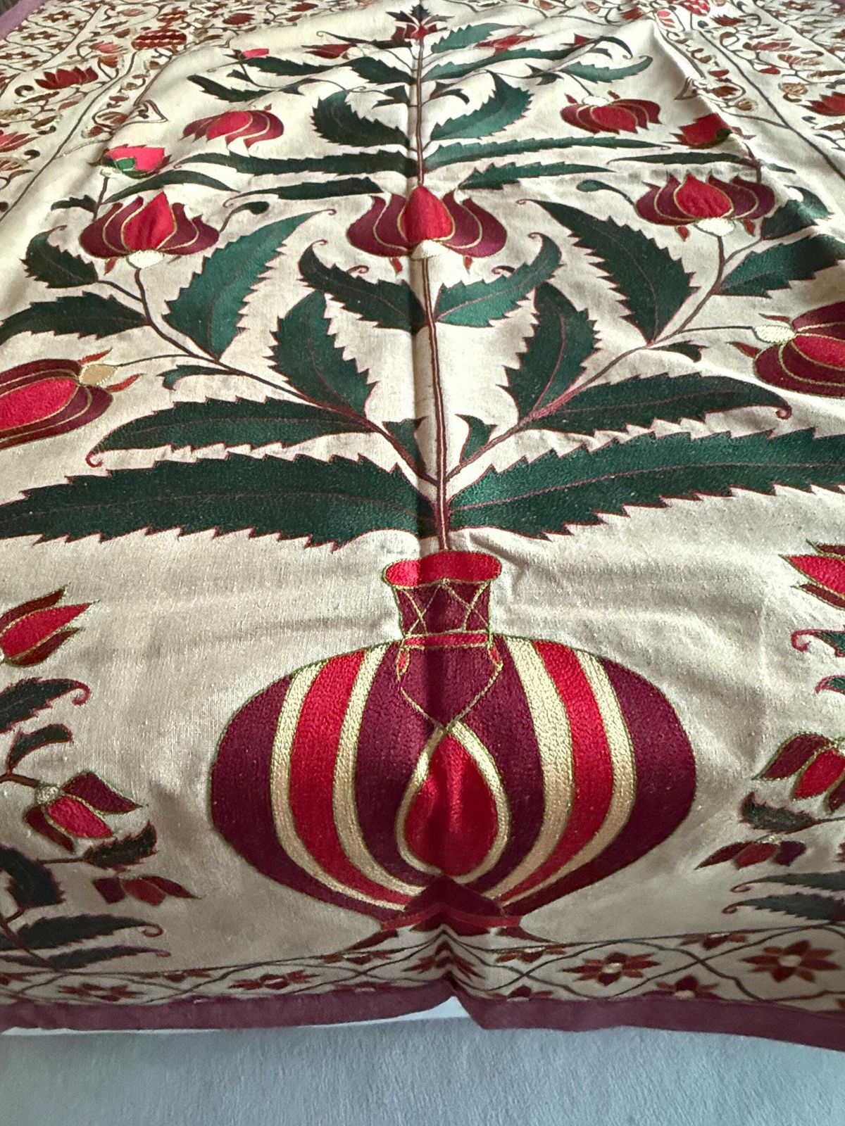 Vintage Mughal Floral Textile Wall Hanging| Rare Embroidered Tapestry Art photo for sale