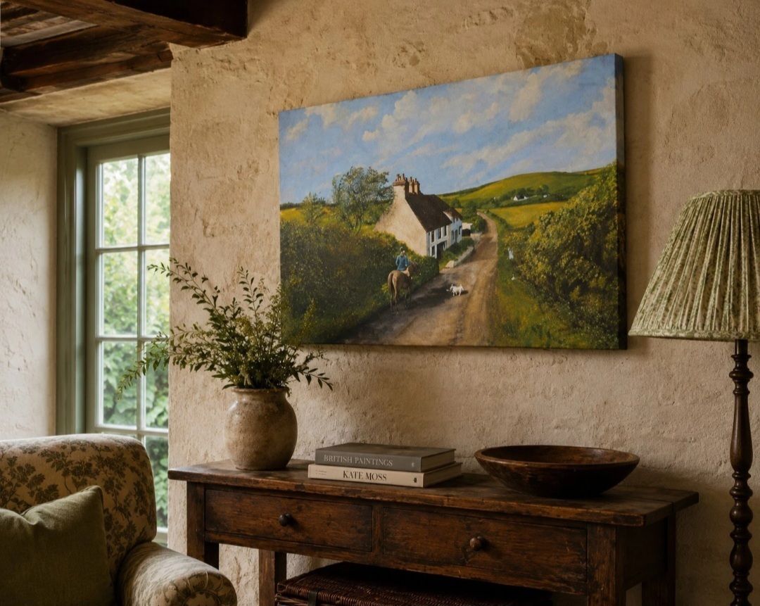 Signed English Cottage Landscape Oil Painting 1985 photo furniture