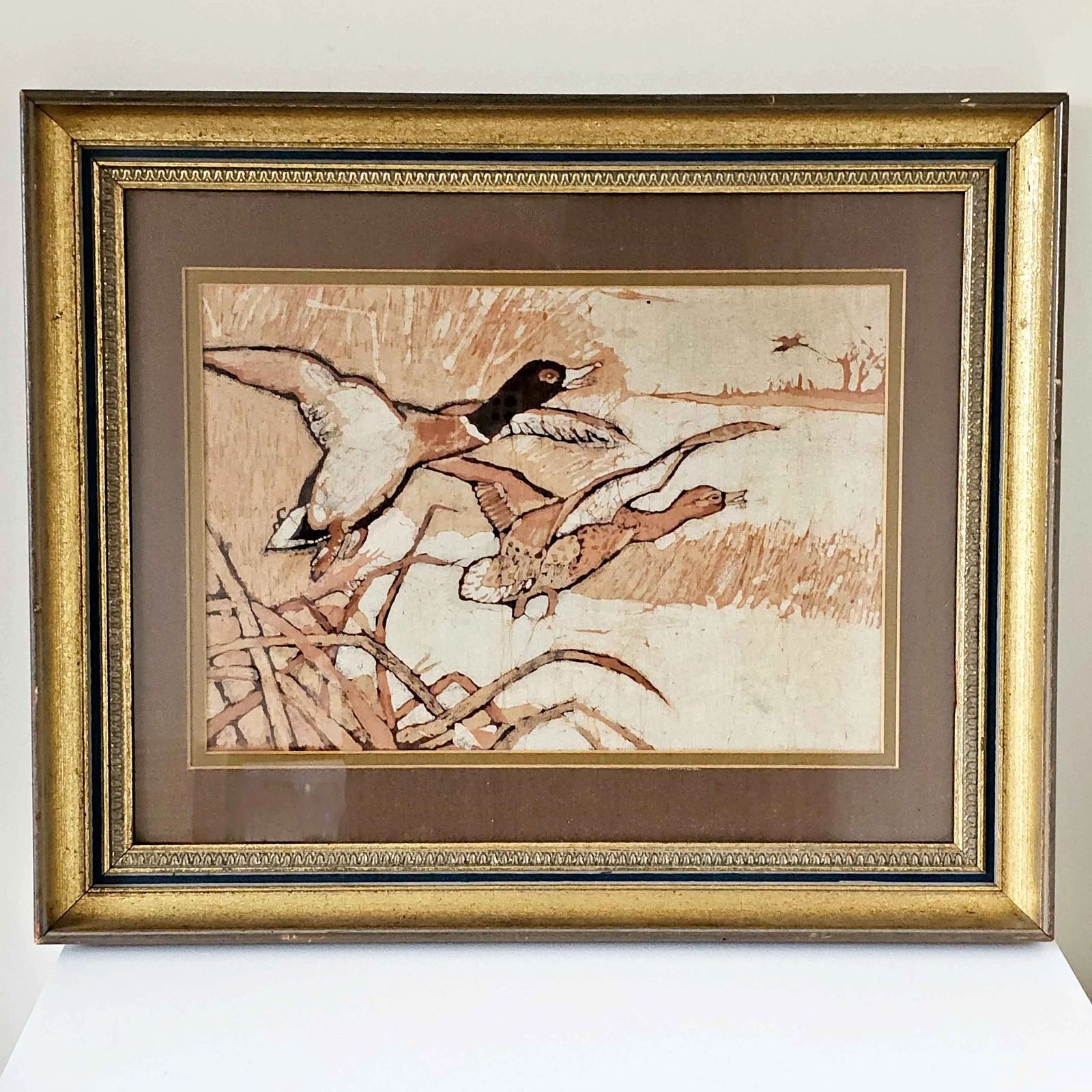 Lovely Vintage Batik Painting   Mallard Ducks In Flight   1980s   Impressionist   Rosi Robinson