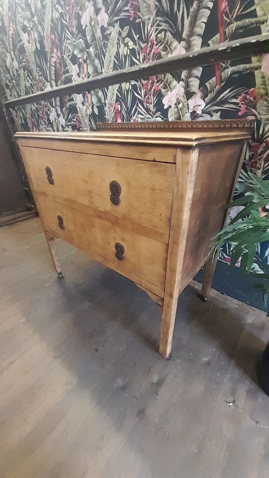 Furniture Vintage Solid Carved Light Oak Chest Of 2 Drawers With Original Handles photo