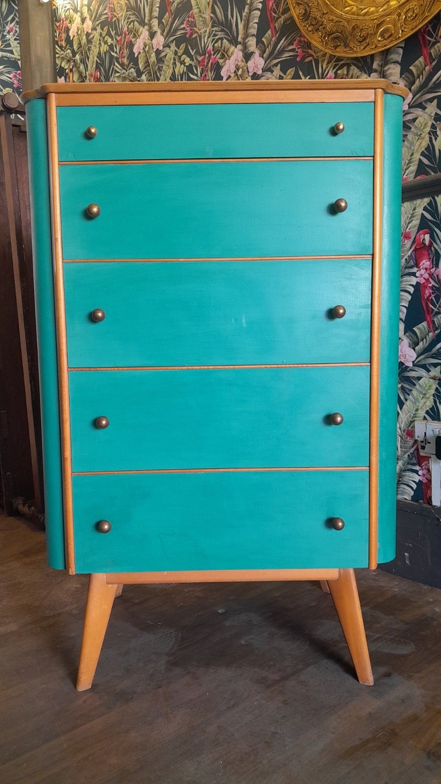 Mid Century Modern Painted Tall Chest Of 5 Drawers With Original Handles photo vintage