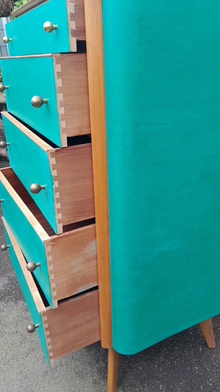 395.0 Mid Century Modern Painted Tall Chest Of 5 Drawers With Original Handles photo