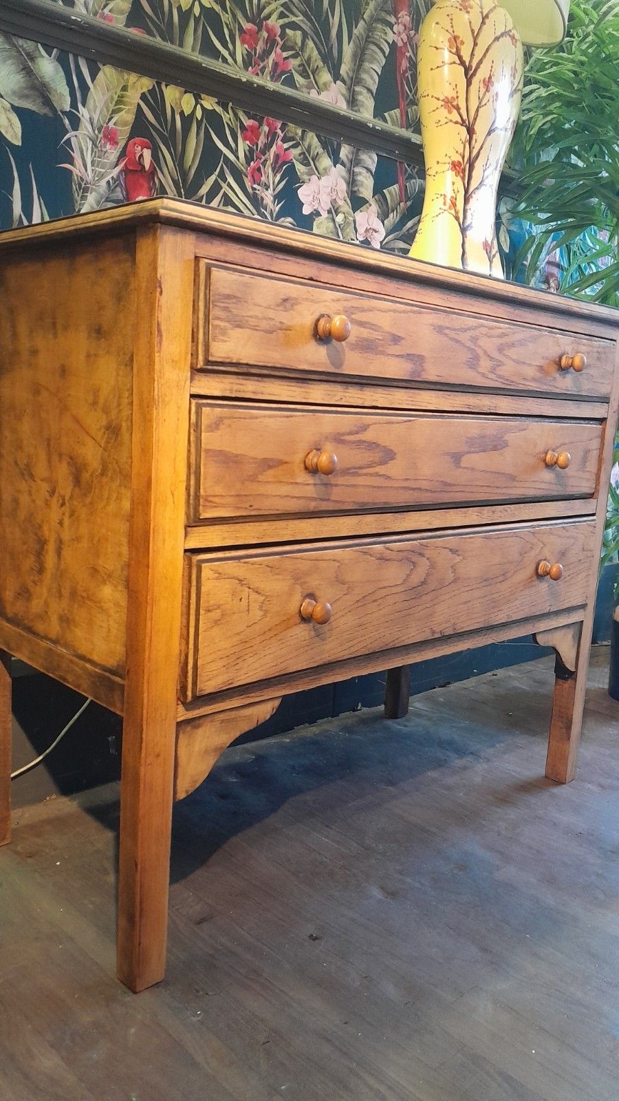 Vintage Solid Light Oak Chest Of 3 Dovetail Jointed Drawers