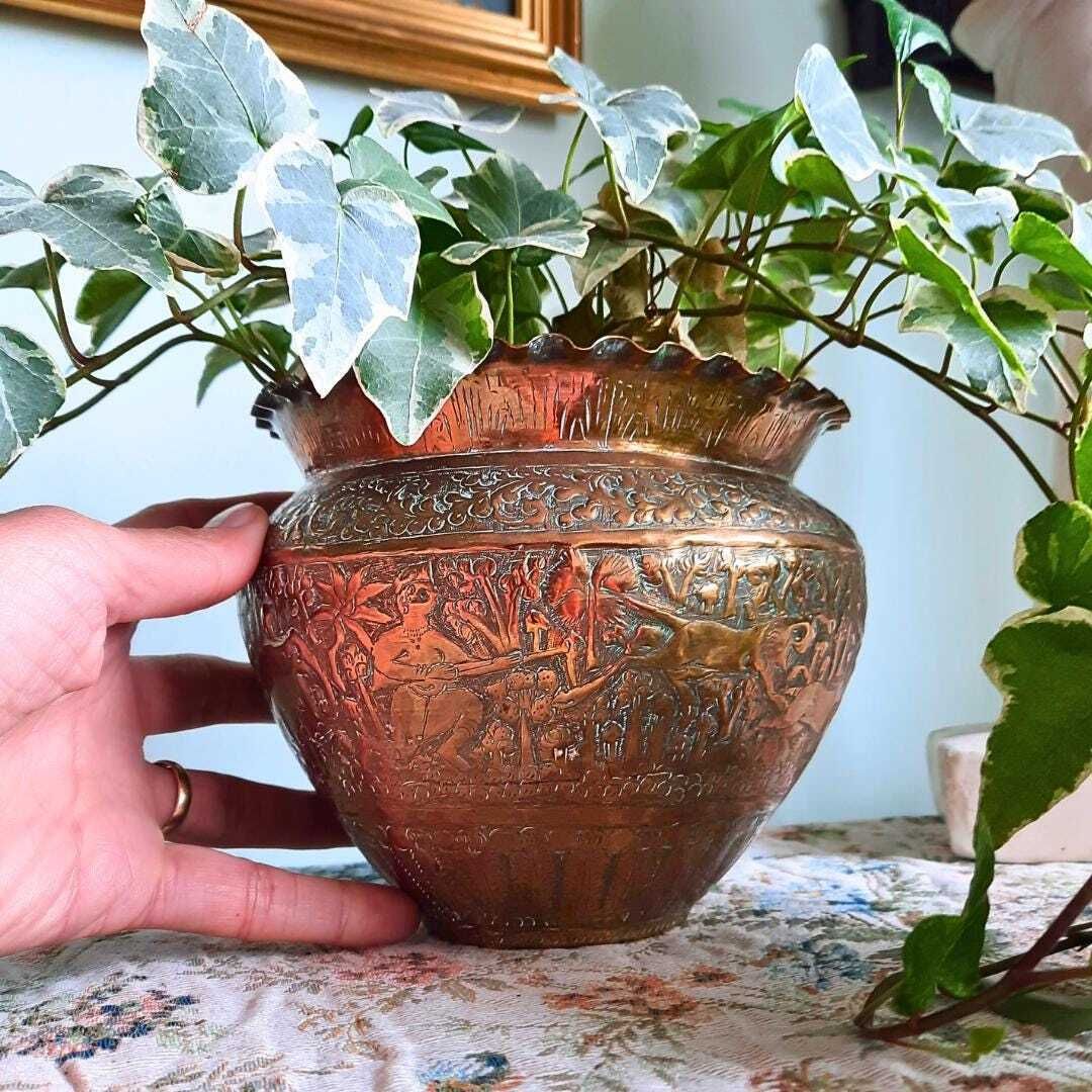 Antique Indian Hand Engraved Brass Jardiniere Plant Pot Ruffled Rim H 5.5'' photo vintage
