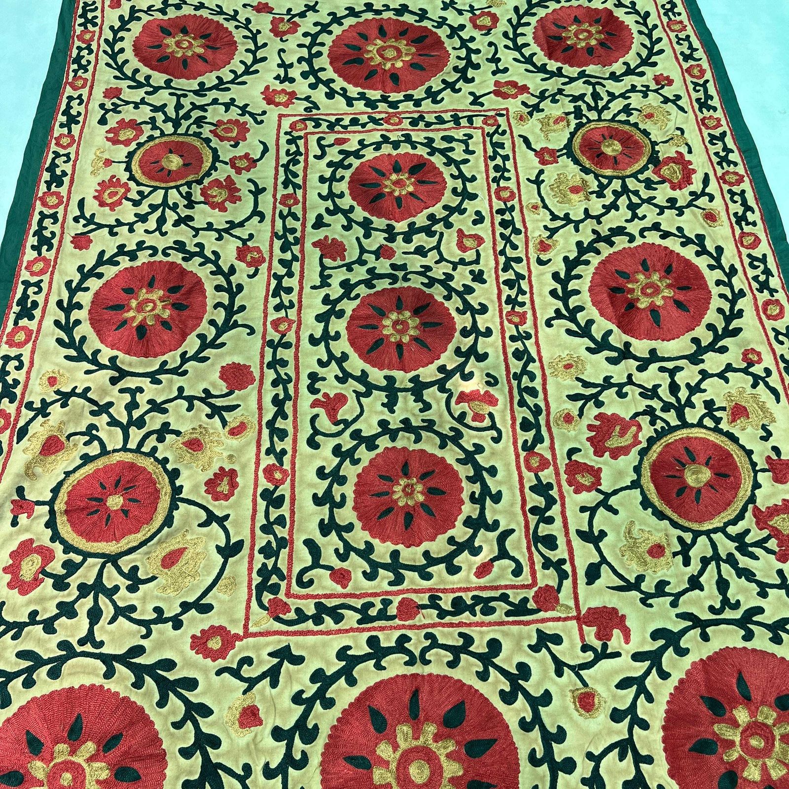 Vintage Suzani Embroidery Wall Hanging: Suzani Muted Floral Silk Textile Art 52x74 Inches photo for sale