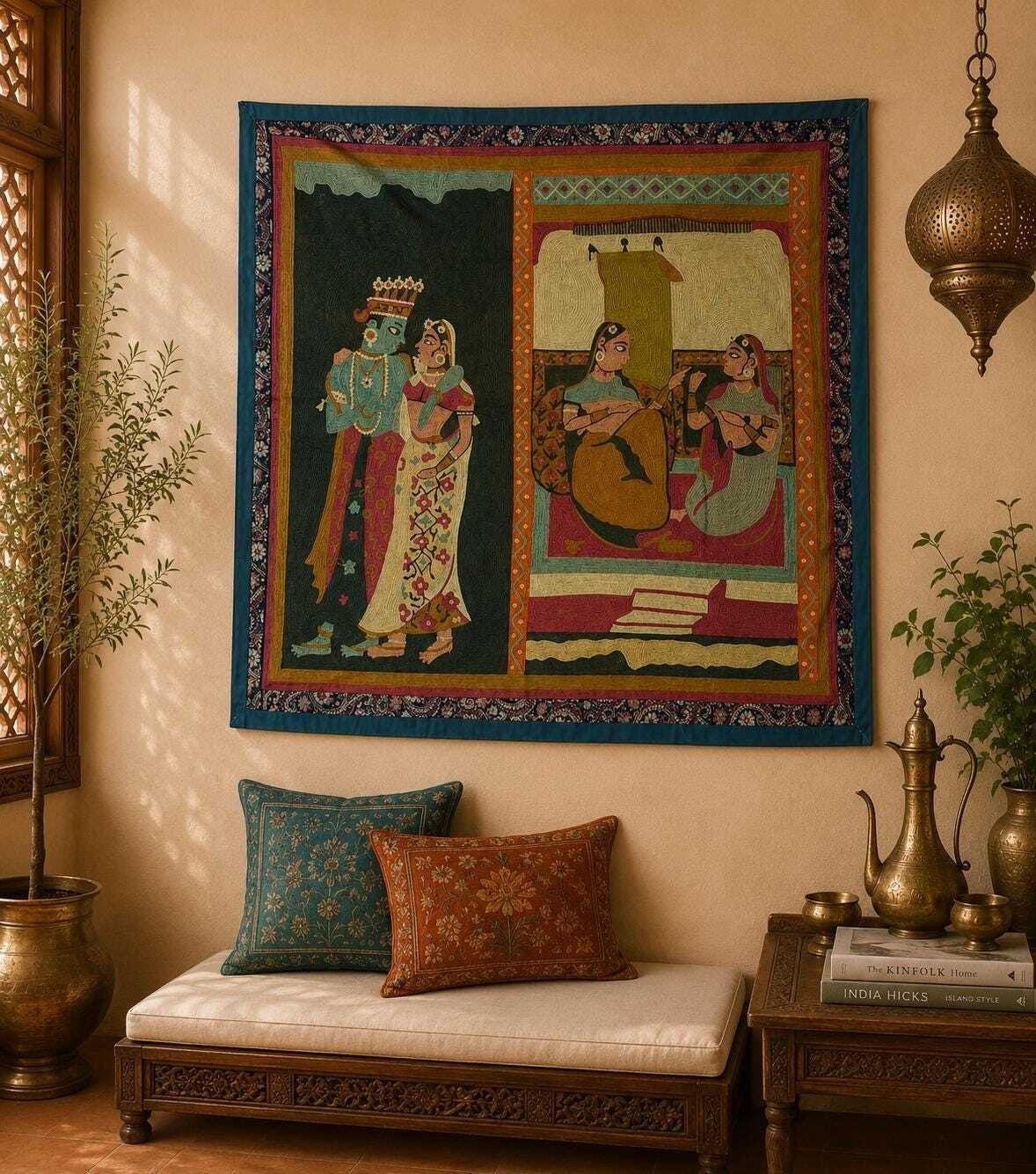 Hand Embroidered Indian Mythology Wall Hanging – Vintage Textile Art Tapestry | Handmade Boho Home Decor