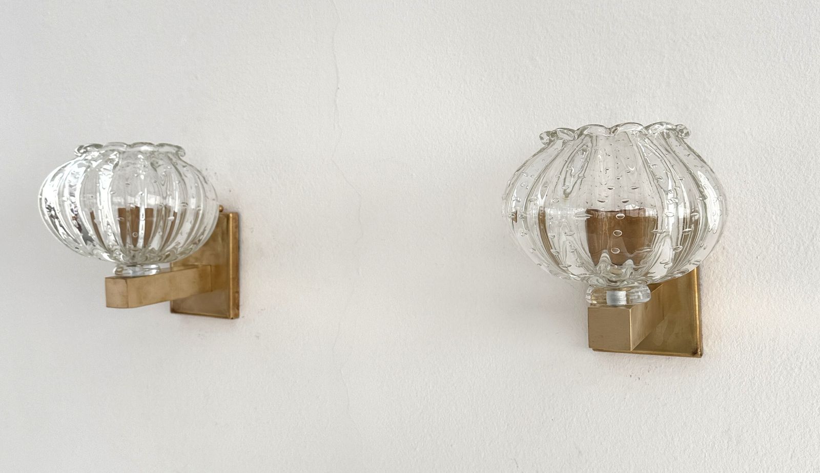 Italian Murano Glass And Brass Wall Sconces In The Art Deco Style, 1990s photo vinterior