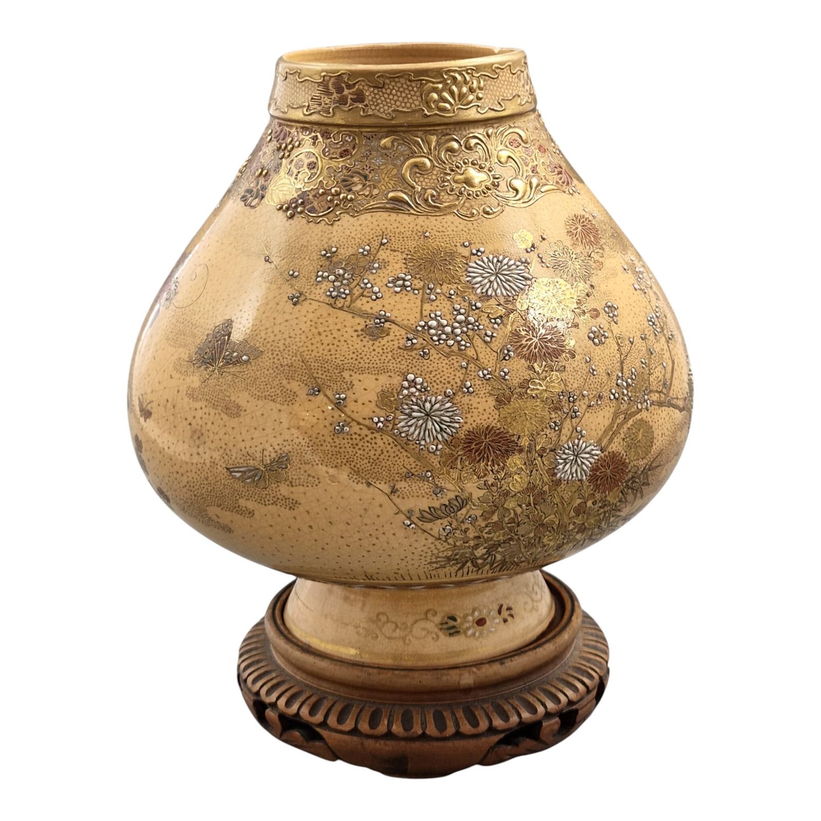 Exceptional Meiji Period Kyoto Satsuma Vase By Kinkōzan Workshop, With Stand photo vintage