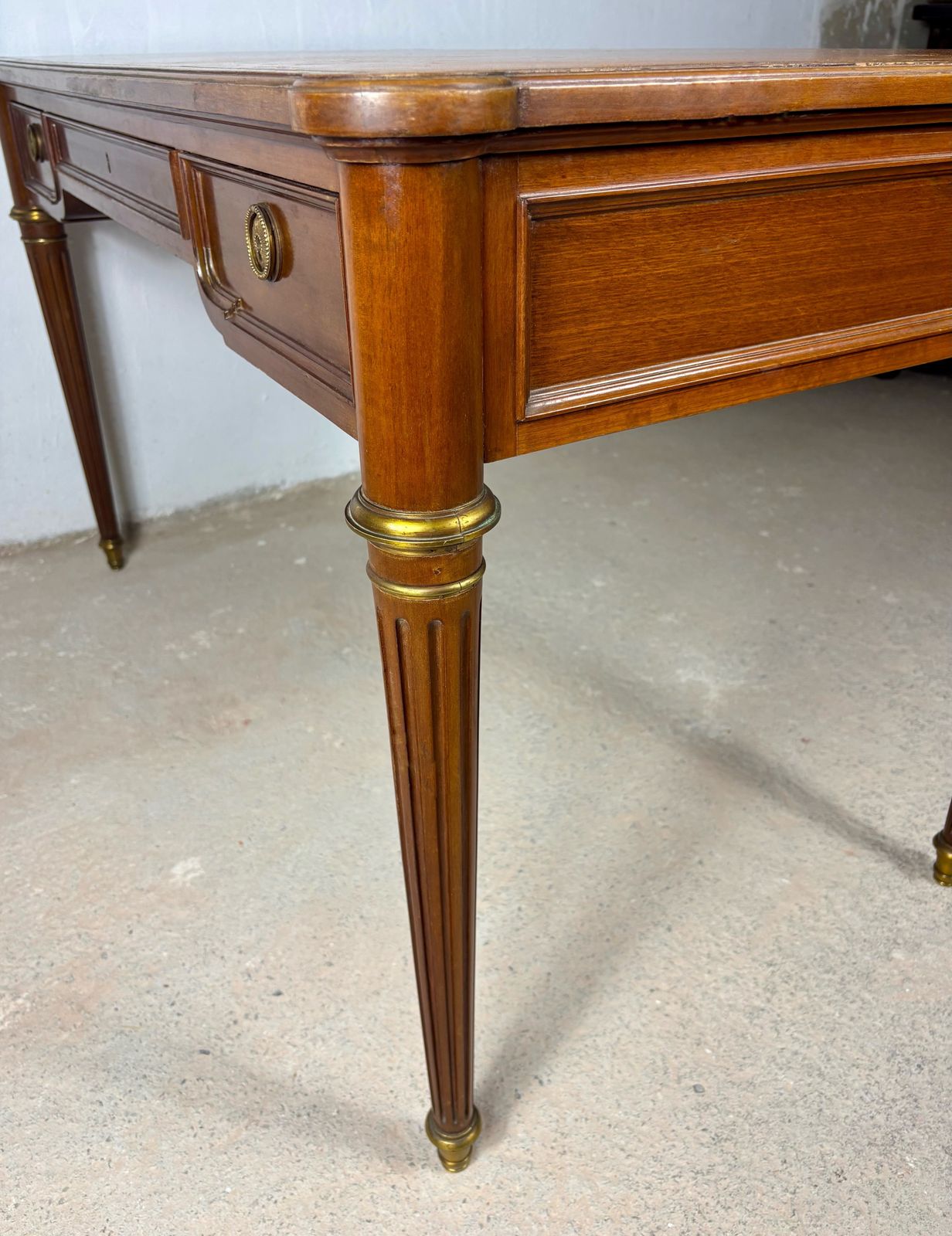 Furniture Elegant Early 20th Century Writing Desk With Brass Details And Three Drawers photo