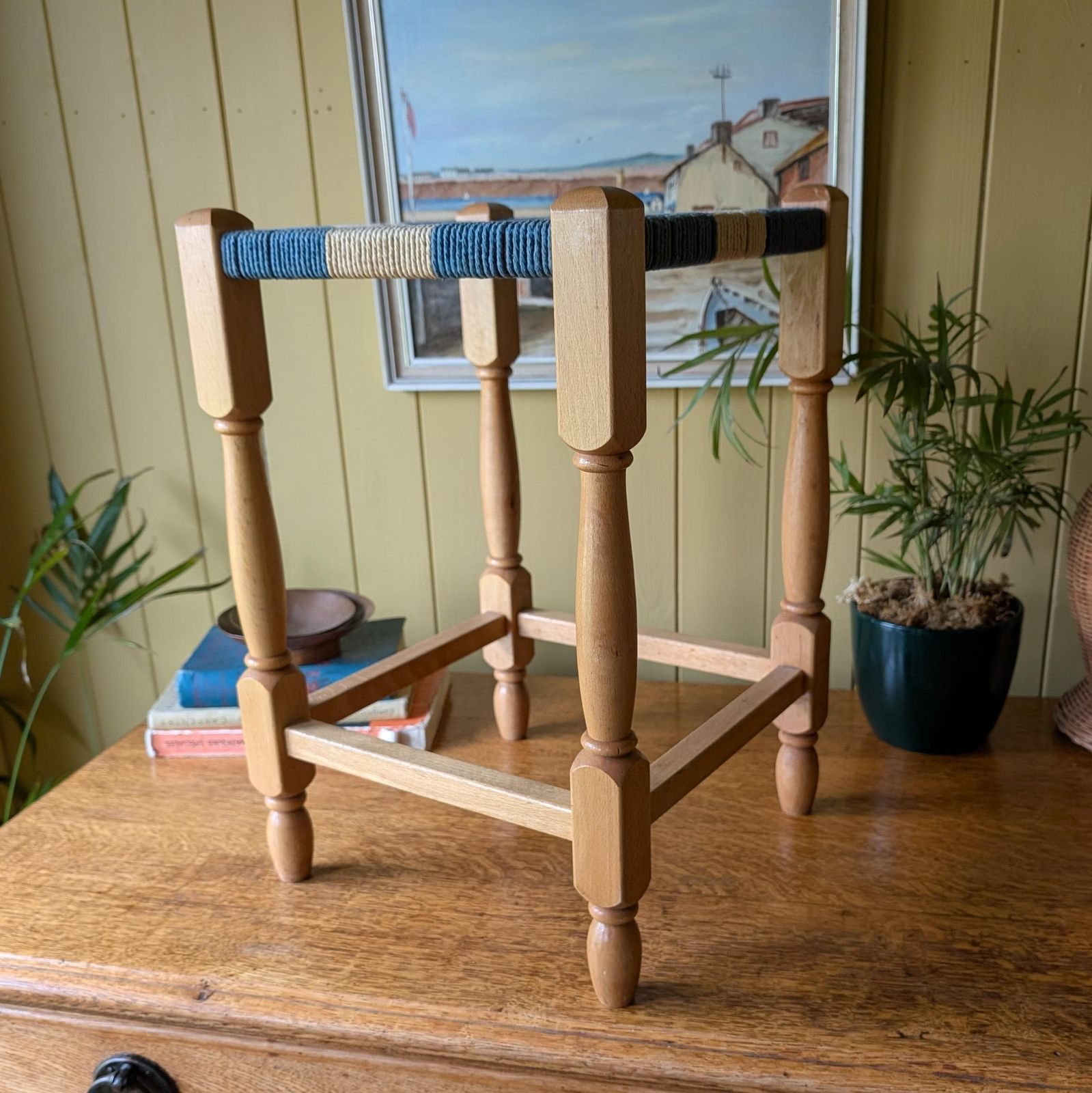 Vintage Wooden Footstool With Woven Cord Seat photo for sale