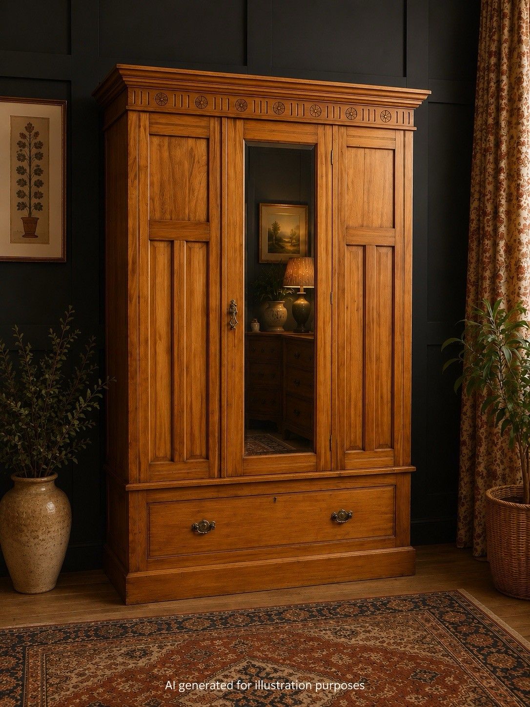 photo vinterior Antique Satinwood Single Wardrobe Mirrored Door Bedroom Storage Drawer