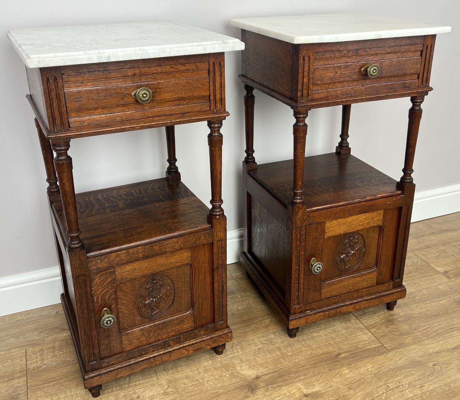 Pair Of Bedside Tables Antique French Marble Top Carved Oak Cabinets Lot 6093 photo Furniture