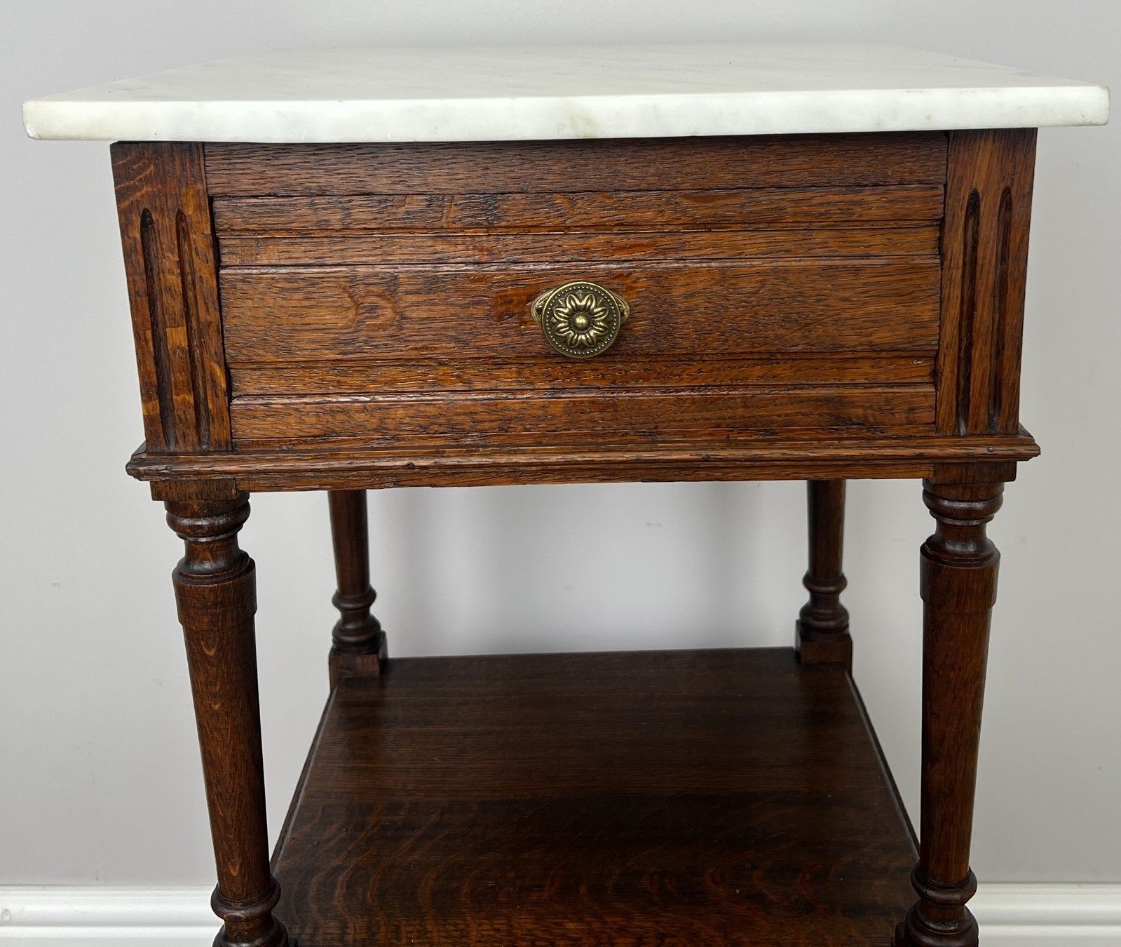 Pair Of Bedside Tables Antique French Marble Top Carved Oak Cabinets Lot 6093 photo vinterior