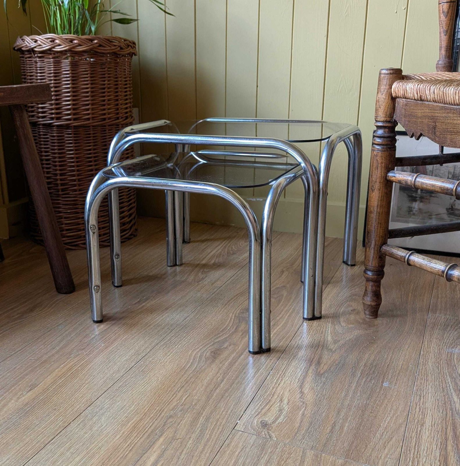 Mid Century Chrome And Smoked Glass Nesting Tables photo furniture