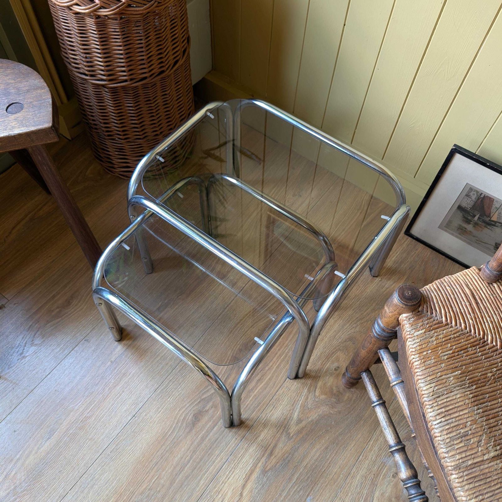 Mid Century Chrome And Smoked Glass Nesting Tables photo vinterior