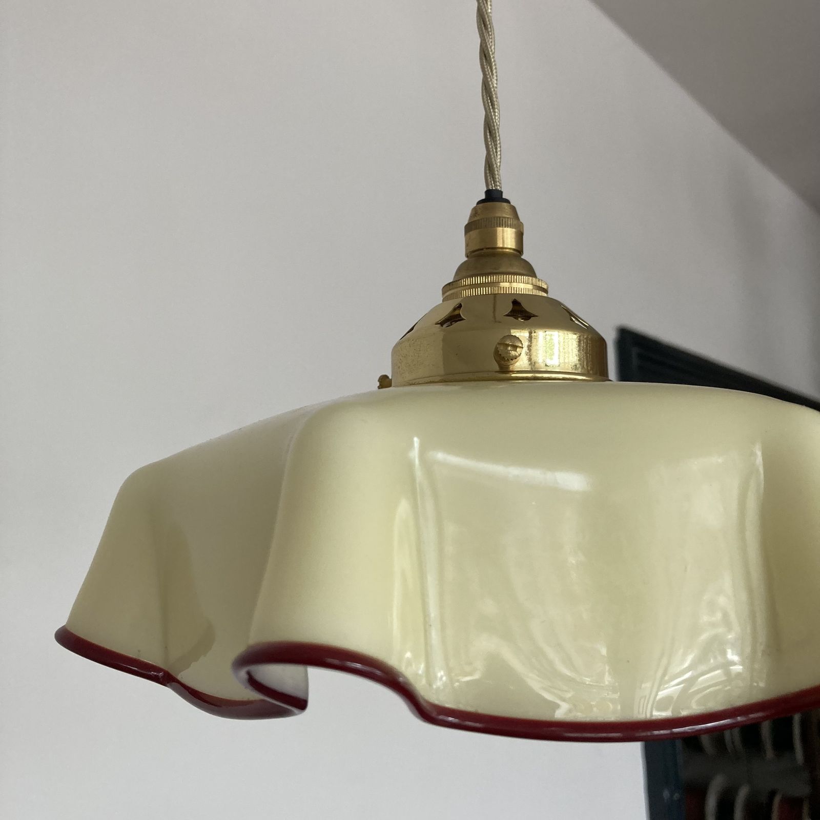 French Butter Yellow With Burgundy Trim Handkerchief Glass Shade photo Lighting