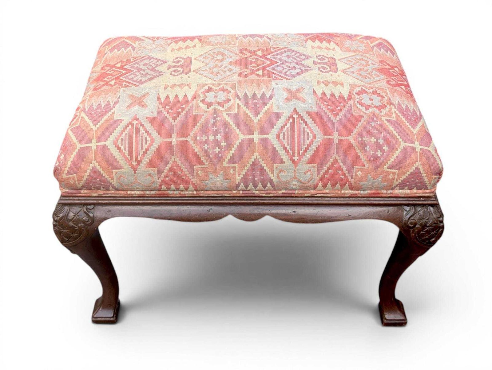 Antique Queen Anne Footstool With Carved Wood And Woven Upholstery photo 359.0