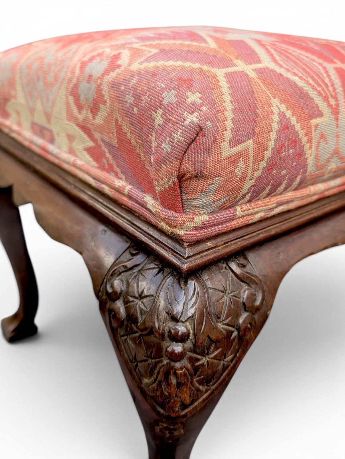 Antique Queen Anne Footstool With Carved Wood And Woven Upholstery photo buy
