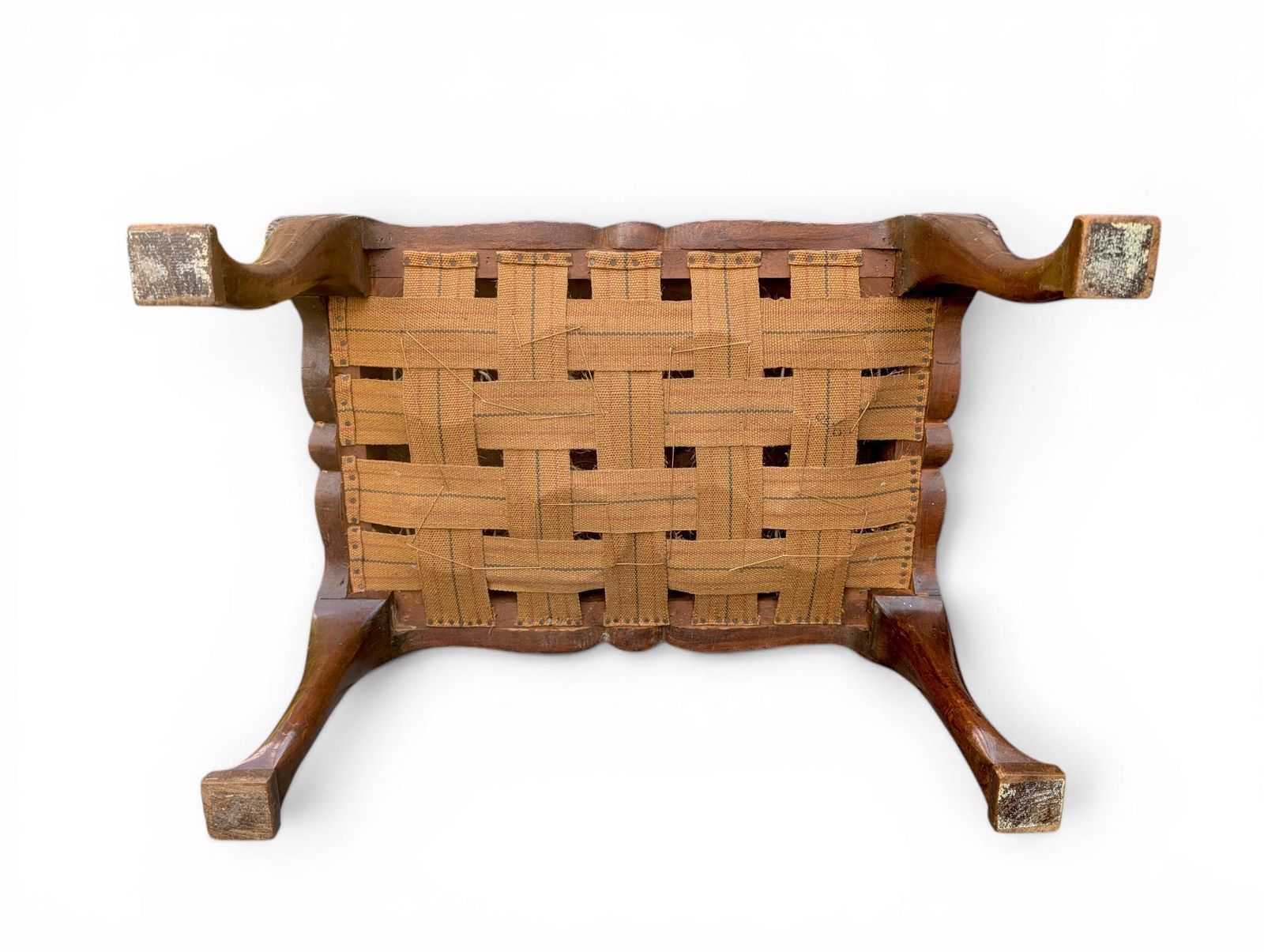 photo vinterior Antique Queen Anne Footstool With Carved Wood And Woven Upholstery