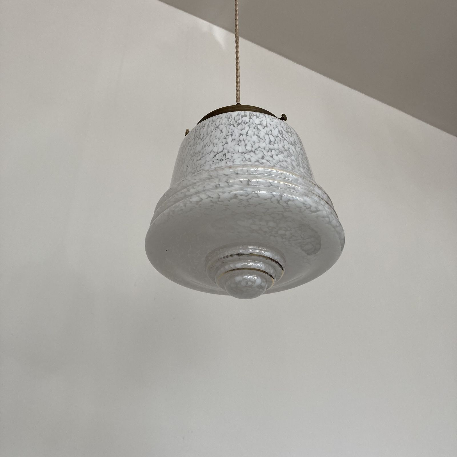 White Mottled Glass Shade With Gold Band Detail photo for sale