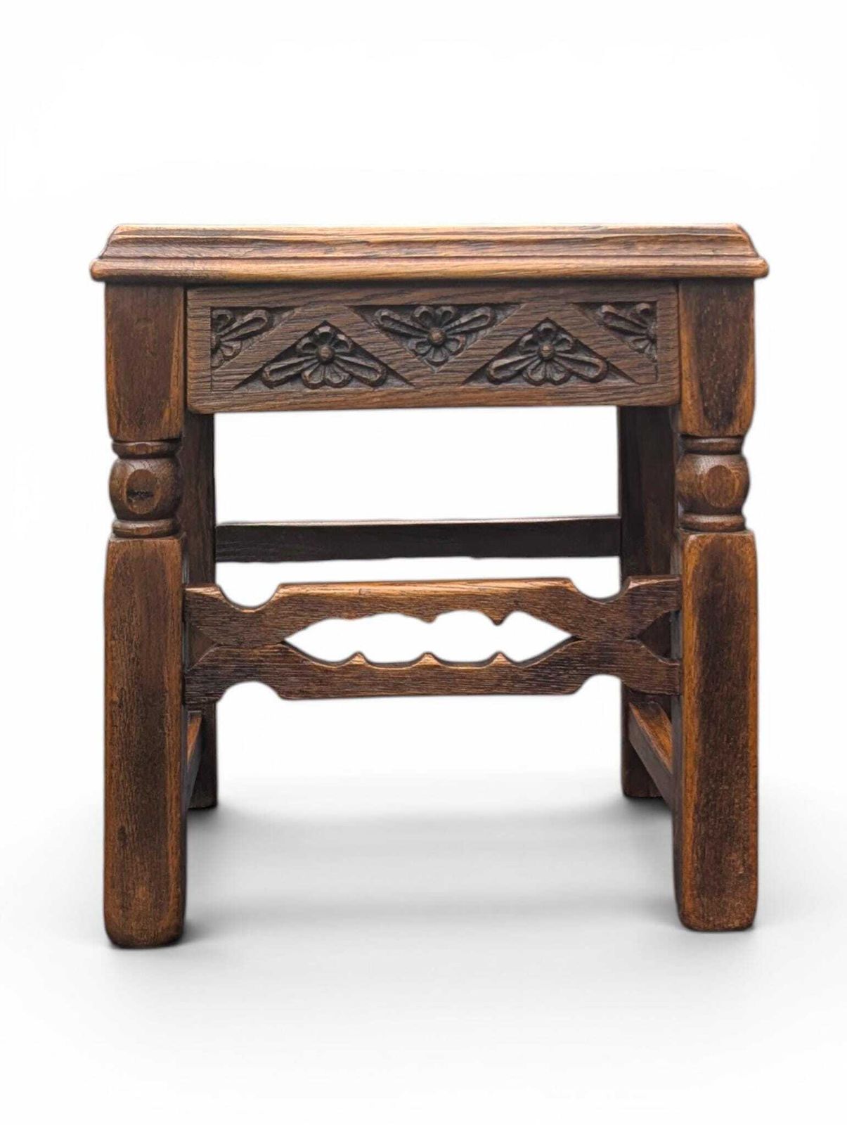 1930s Carved Oak Side Table With Hidden Drawer Tudor Revival Style photo Furniture