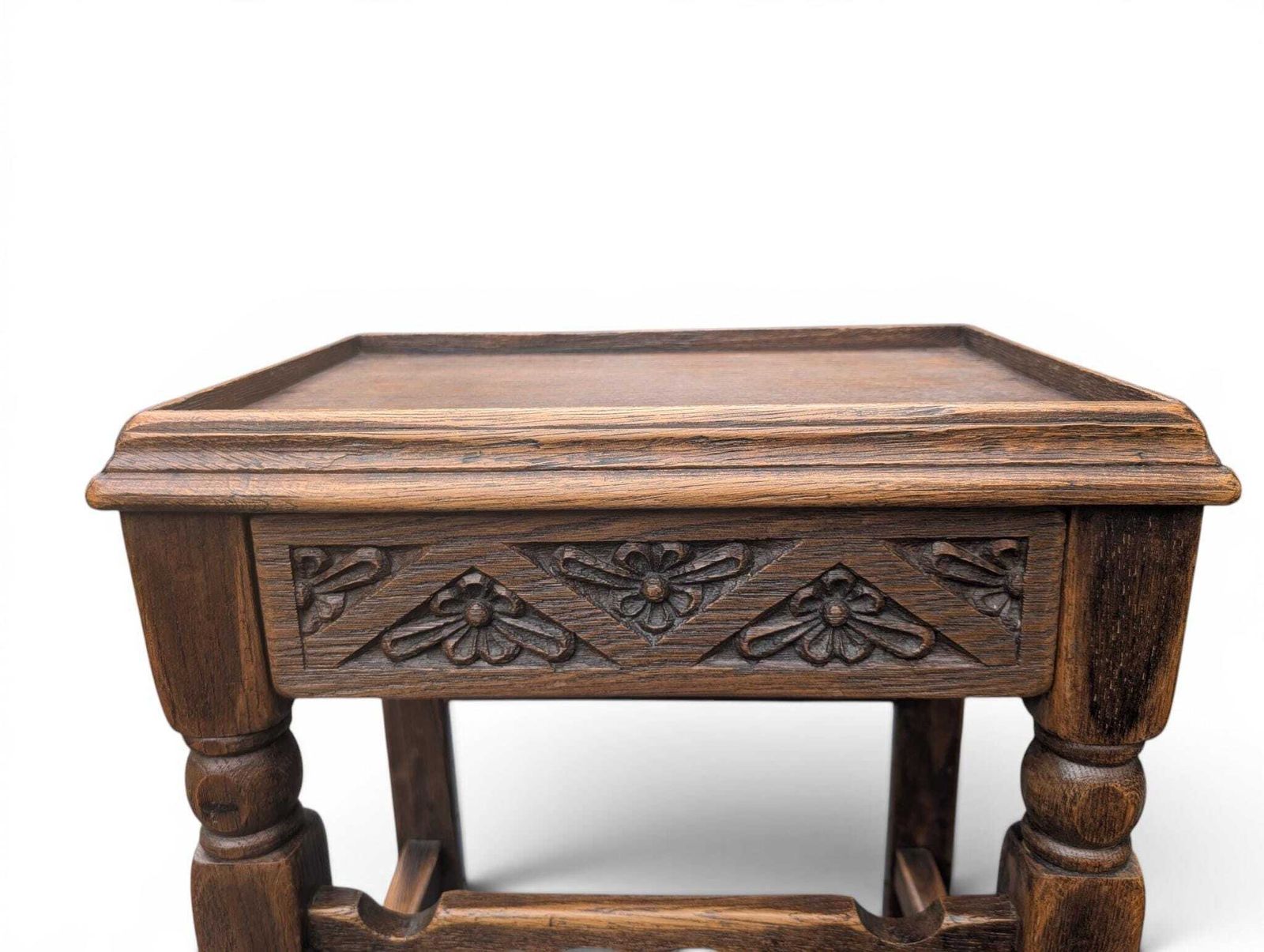 photo furniture 1930s Carved Oak Side Table With Hidden Drawer Tudor Revival Style