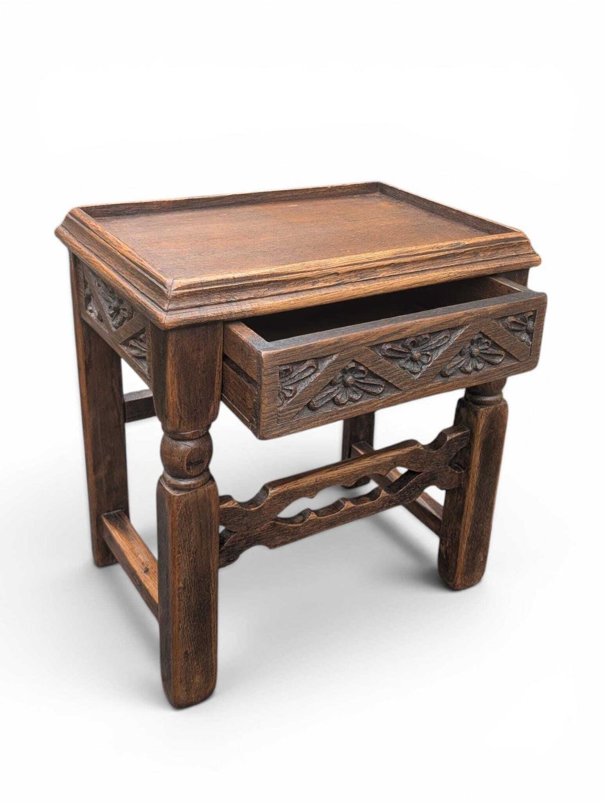 photo buy 1930s Carved Oak Side Table With Hidden Drawer Tudor Revival Style