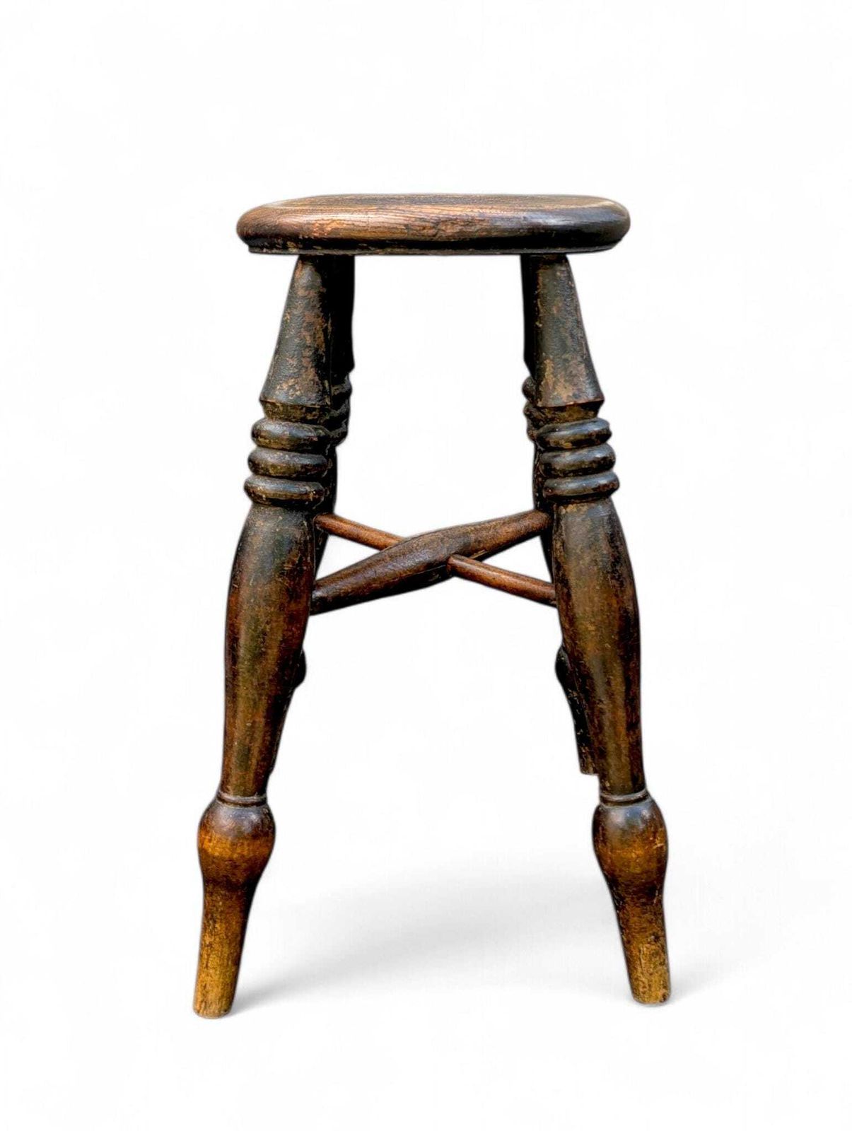 19th Century English Elm Stool: Victorian Country Style, Worn Patina photo vinterior