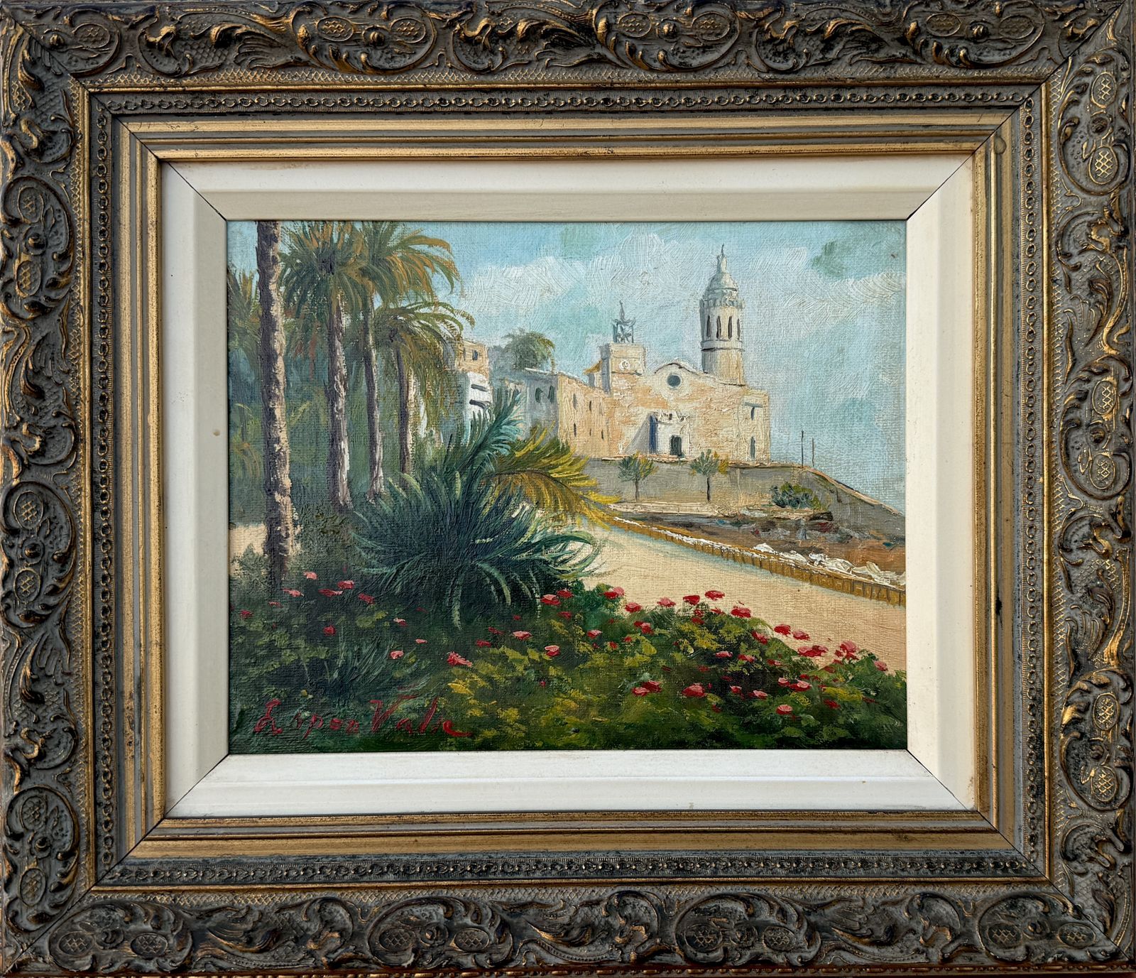 López Valle, Vue lumineuse de l'église de Sitges avec palmiers et fleurs, huile sur toile, 1979