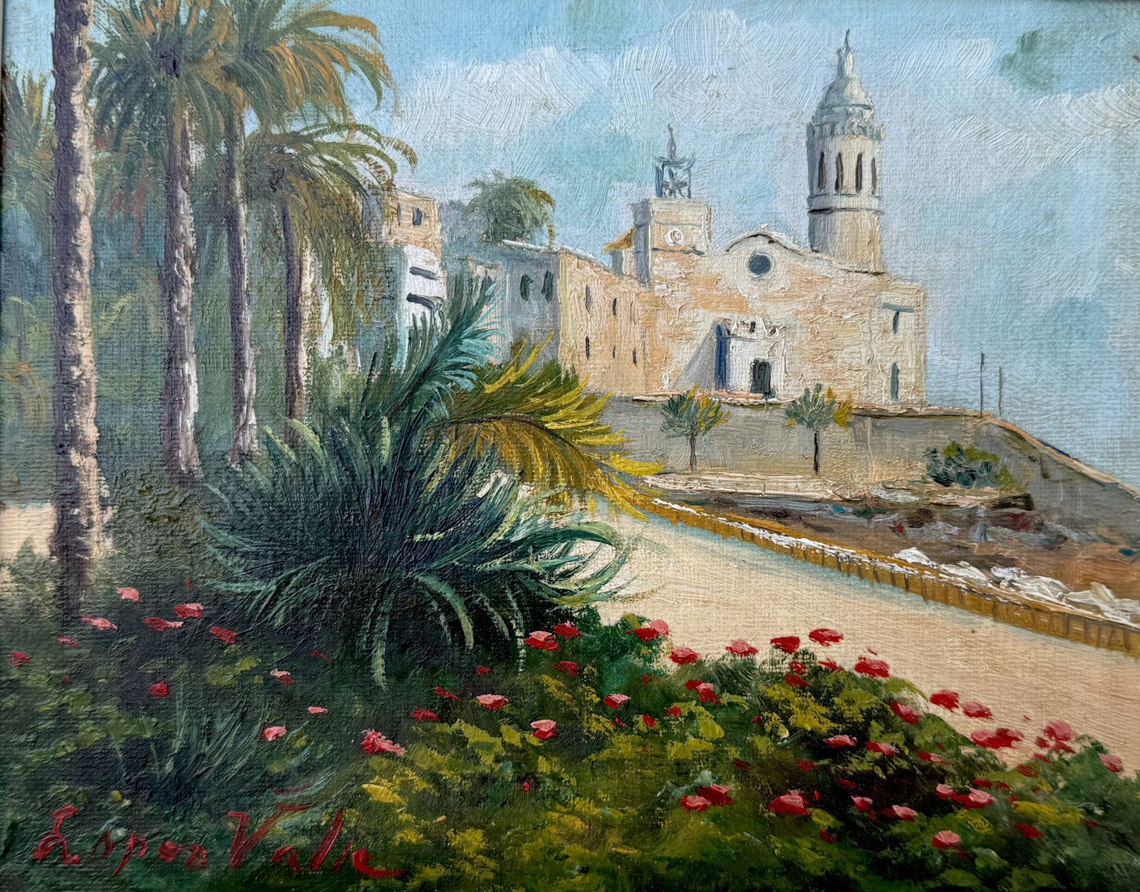 Lopez Valle Luminous Mediterranean View Of Sitges Church With Palms And Flowers Oil Painting 1979 photo furniture