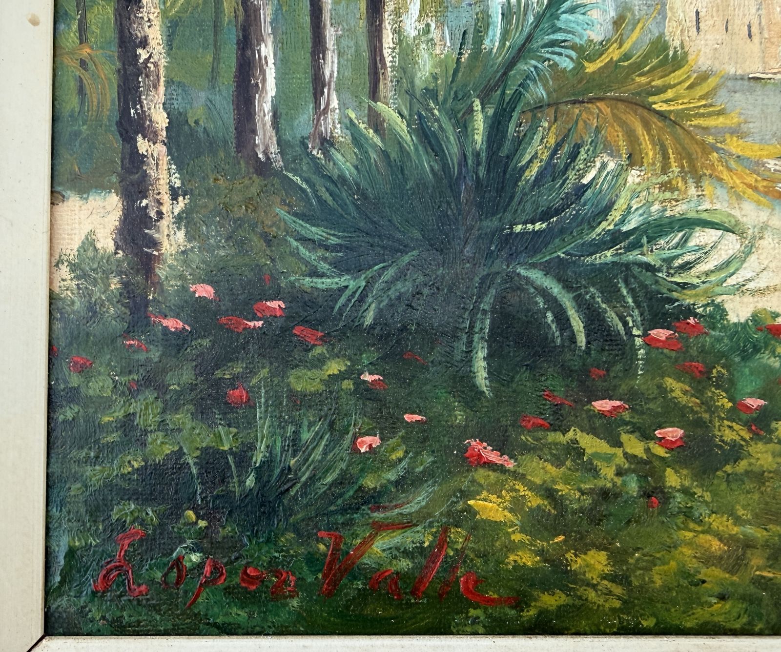 López Valle, Vue lumineuse de l'église de Sitges avec palmiers et fleurs, huile sur toile, 1979 photo for sale