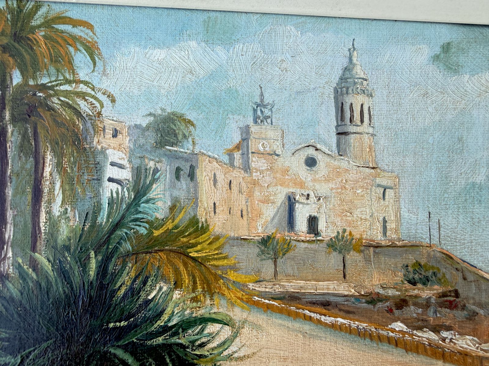 Lopez Valle Luminous Mediterranean View Of Sitges Church With Palms And Flowers Oil Painting 1979 photo 500.0