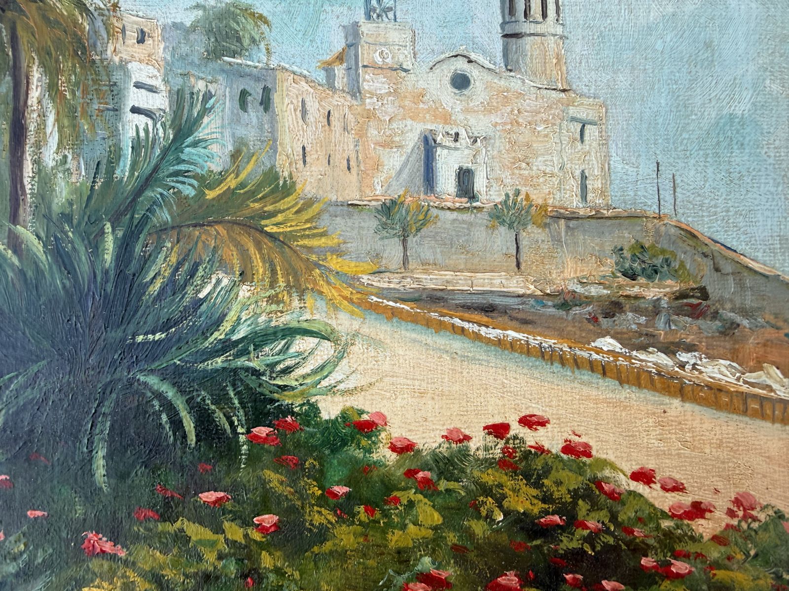 Lopez Valle Luminous Mediterranean View Of Sitges Church With Palms And Flowers Oil Painting 1979 photo vinterior