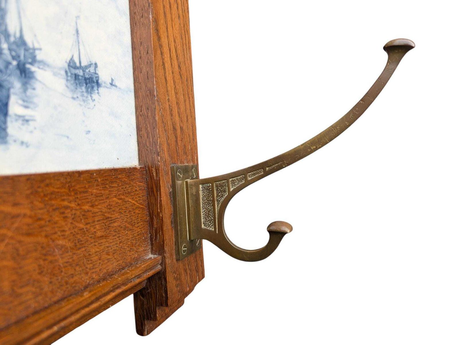 Arts And Crafts Dutch Oak Coat Rack With Delft Blue Tiles And Brass Hooks photo Furniture