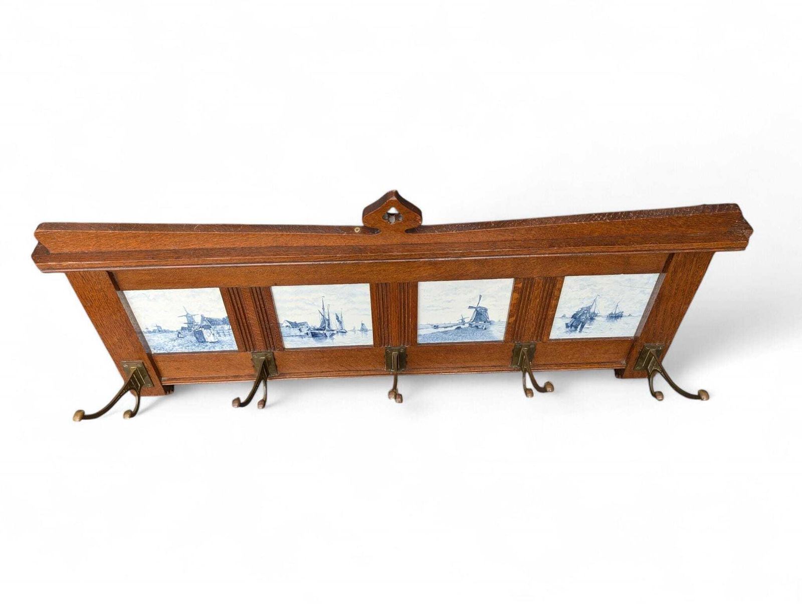 Arts And Crafts Dutch Oak Coat Rack With Delft Blue Tiles And Brass Hooks photo vinterior