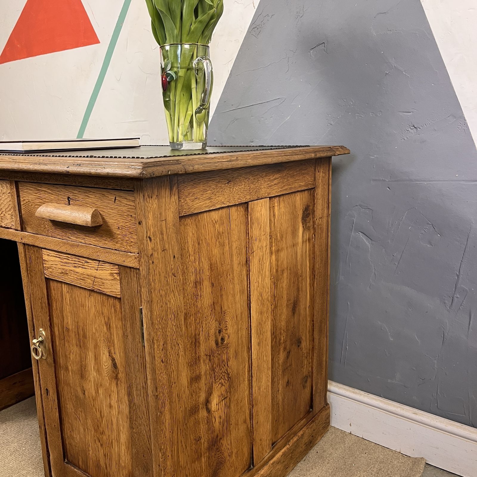 Furniture Early Mid Century Oak Pedestal Kneehole Office Desk photo