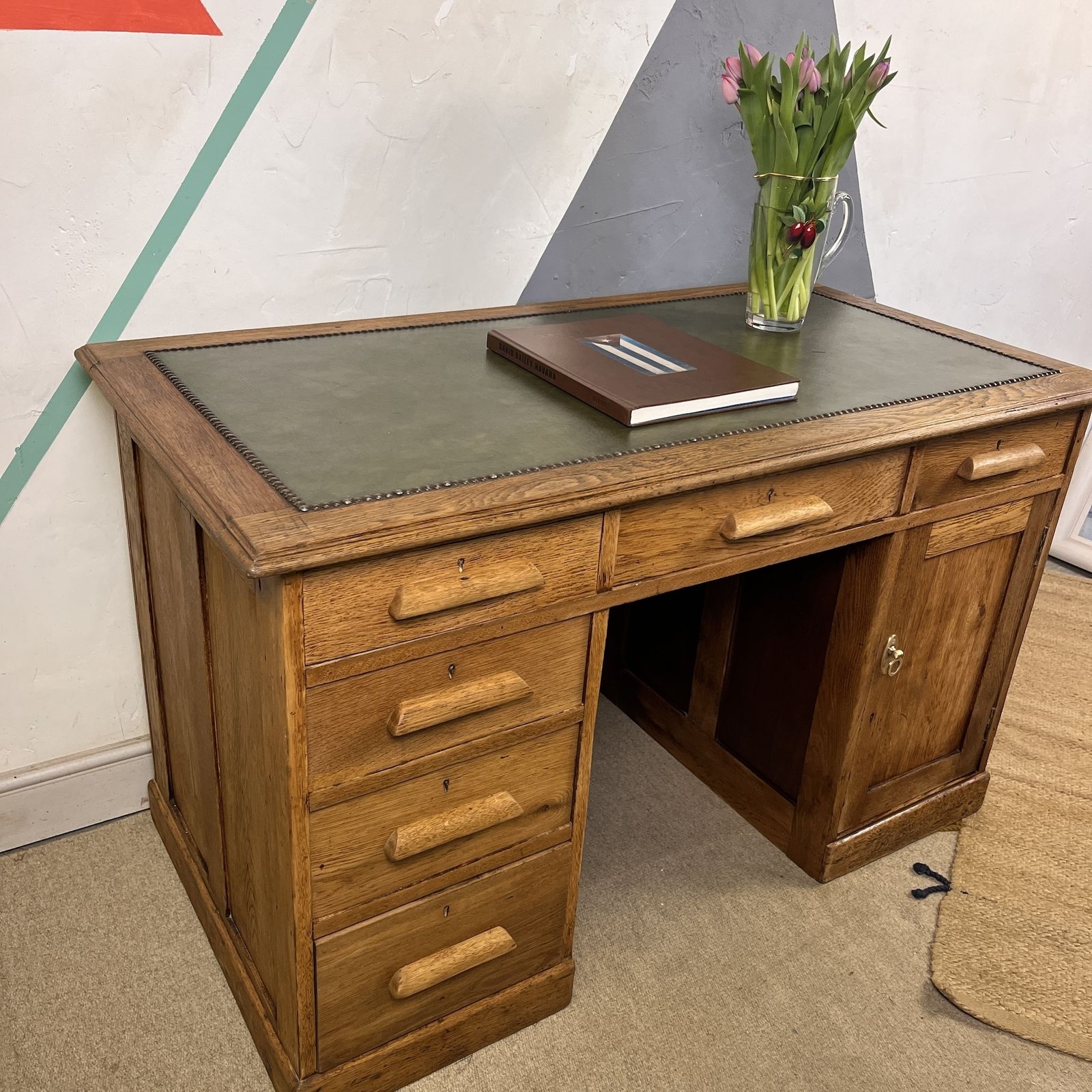 795.0 Early Mid Century Oak Pedestal Kneehole Office Desk photo