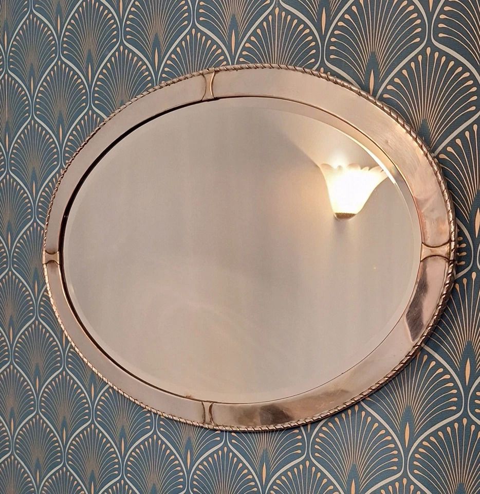 Art Deco French Silver Metal Frame Bevelled Edge Wall Mirror photo vinterior