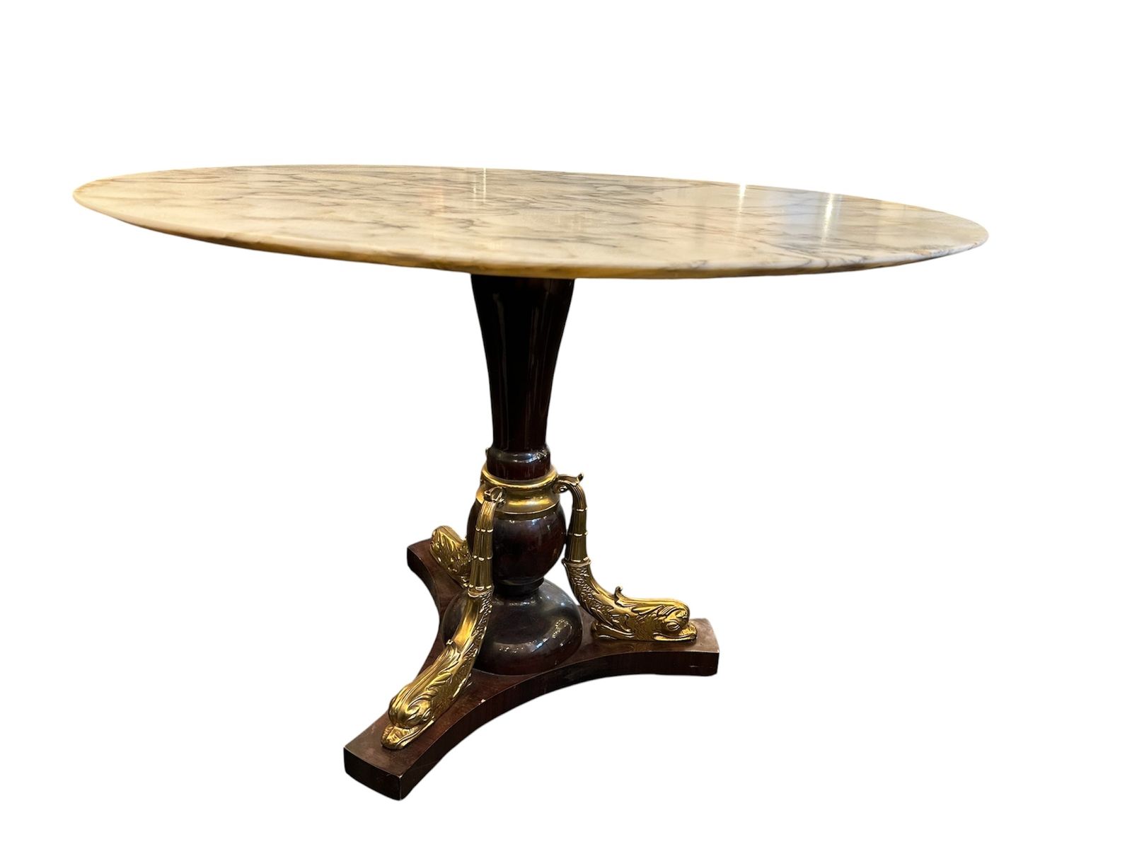 French 1940 Maison Jansen Carrara Marble Top Centre Table And Stylised Ormolu Dolphins Adorning A Lacquer Wood Base photo furniture