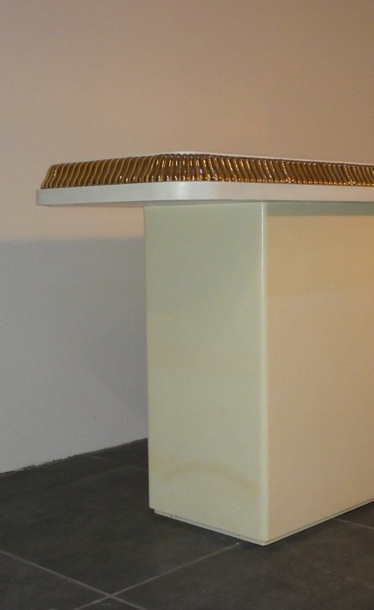 Regency Console Table With Ivory And Gold Lacquer Finish In The Style Of Alain Delon For Maison Jansen, France, 1970s photo vinterior