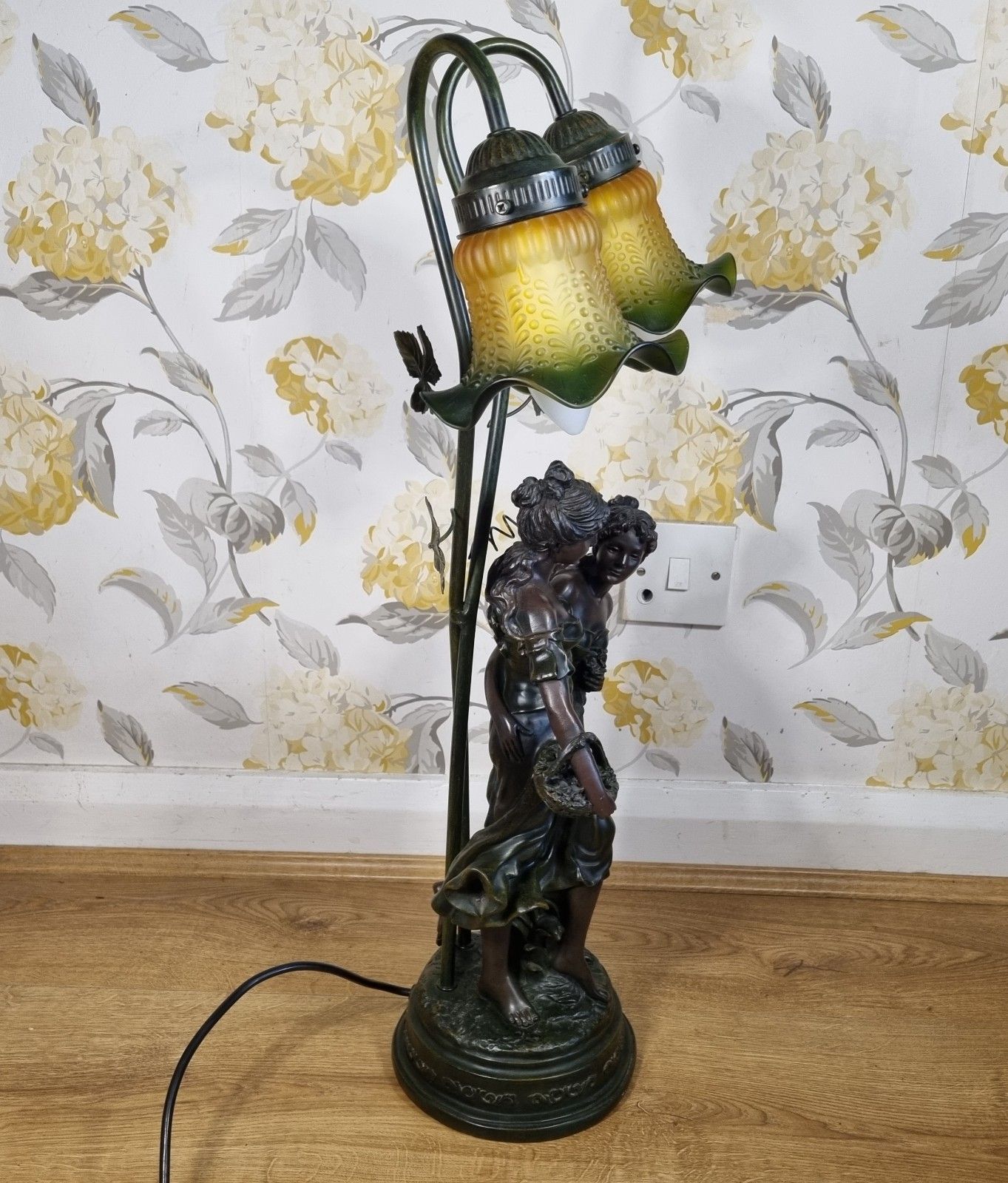 photo for sale Large Widdop Bingham Art Nouveau Style Table Lamp 2 Figures Ruffle Tulip Shades