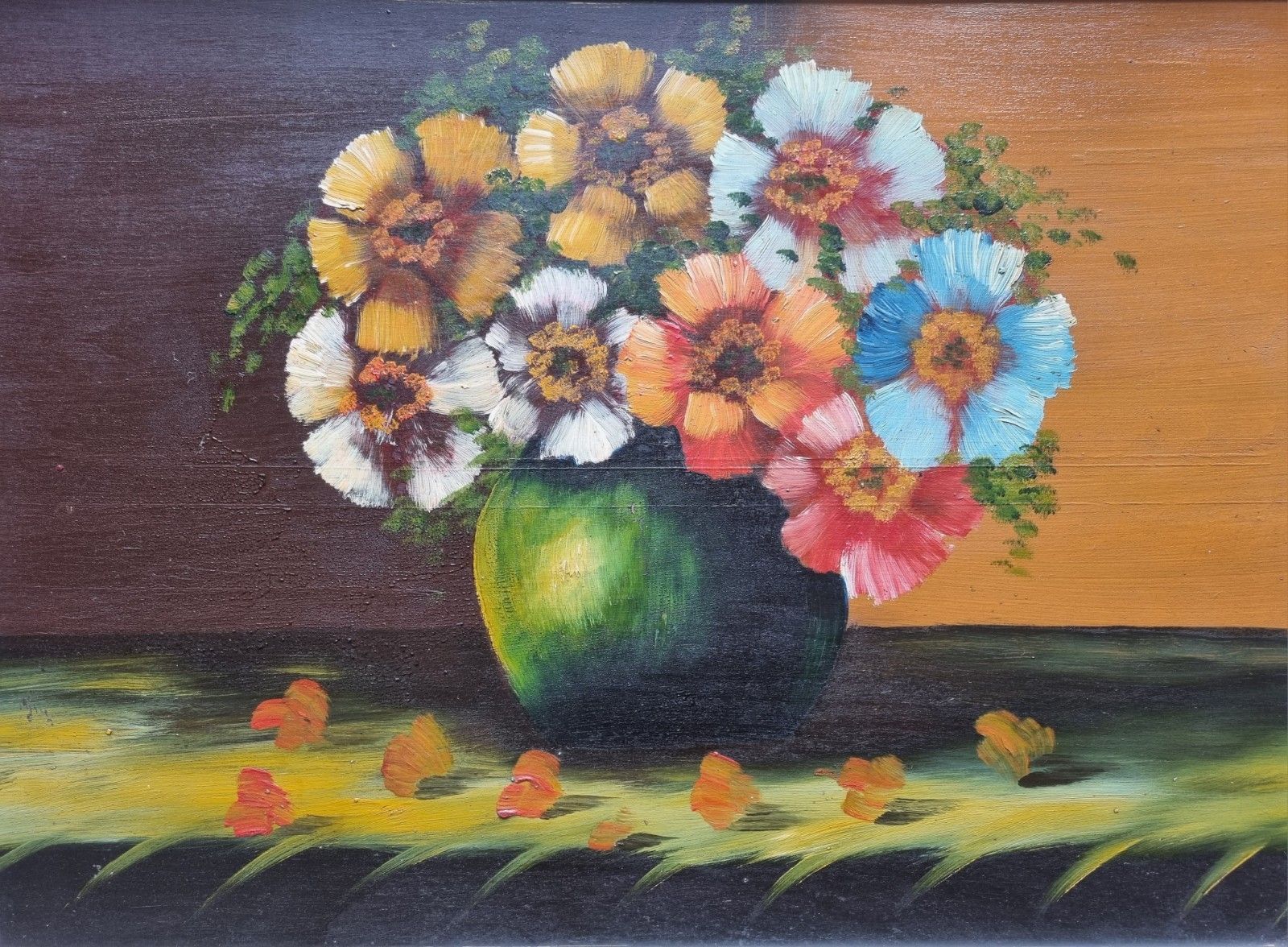 Framed Oil Painting On Board Still Life Vibrant Flowers In Vase photo for sale