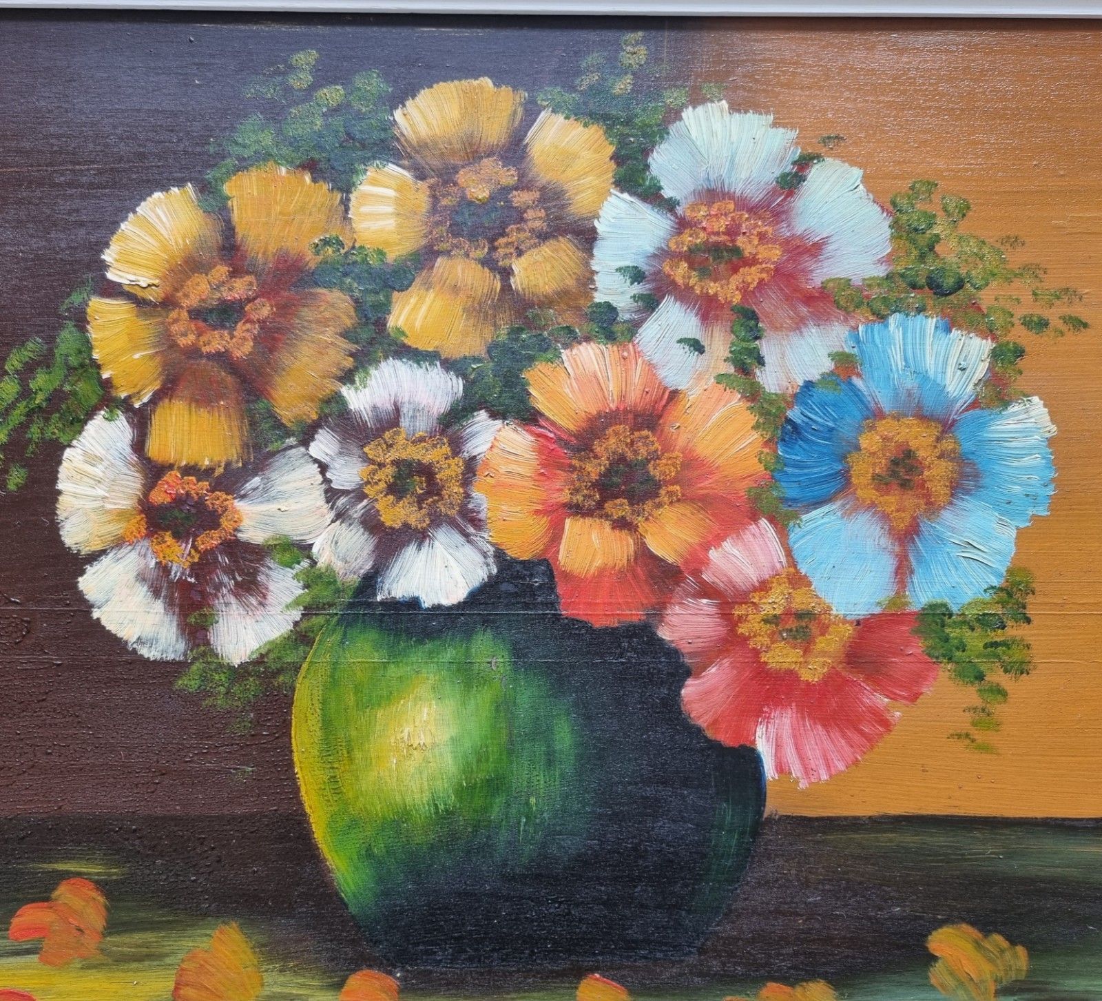 80.0 Framed Oil Painting On Board Still Life Vibrant Flowers In Vase photo